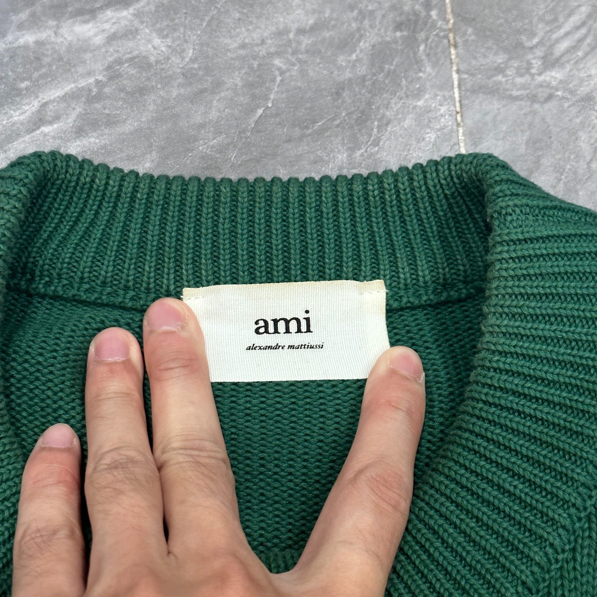 AMI Dark Green Red Heart Knit Sweater — detail