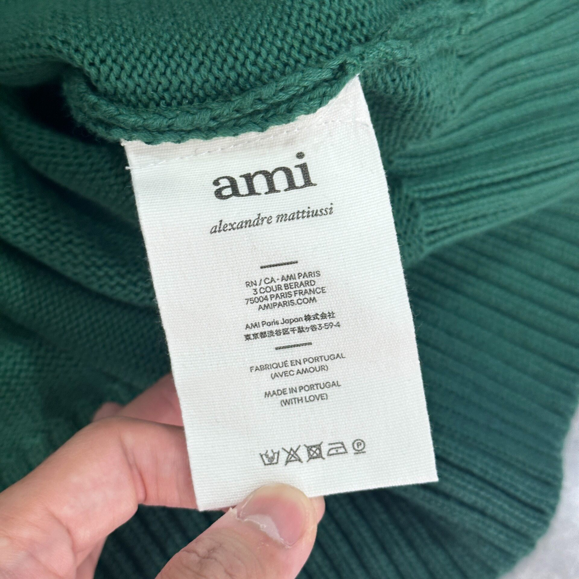 AMI Dark Green Red Heart Knit Sweater — label