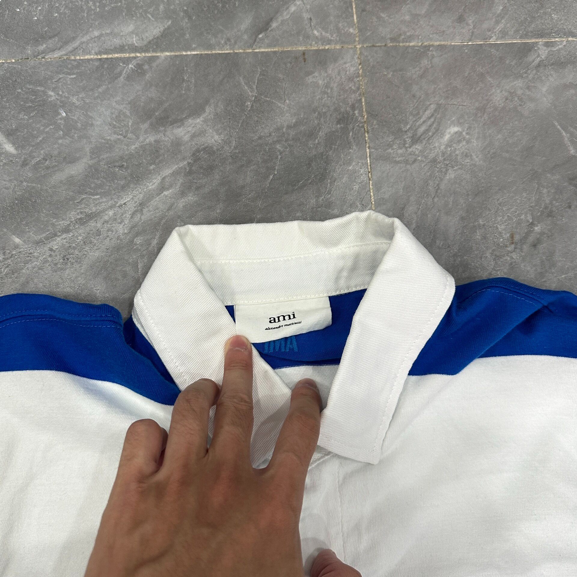 AMI Blue White Striped Heart Polo Shirt — back