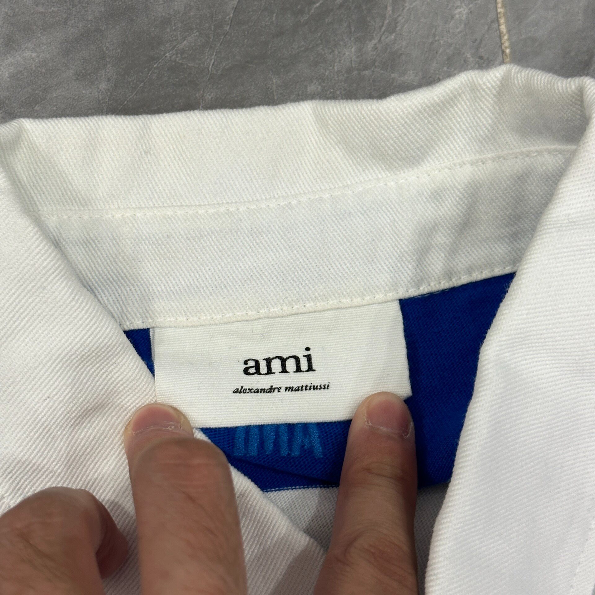 AMI Blue White Striped Heart Polo Shirt — detail