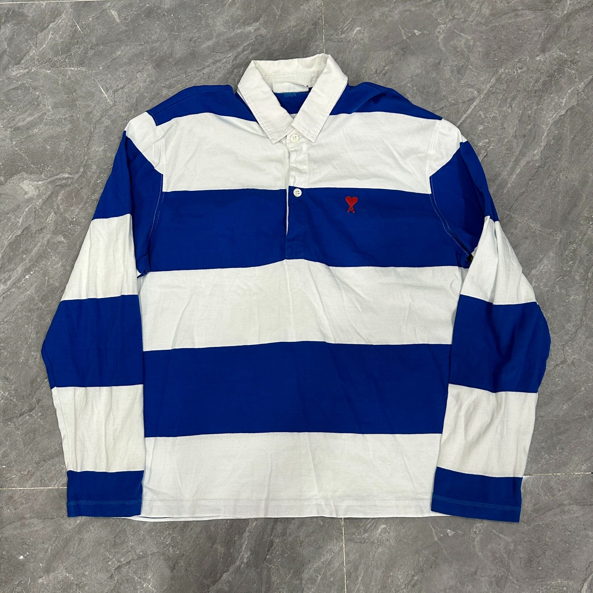 AMI Blue White Striped Heart Polo Shirt