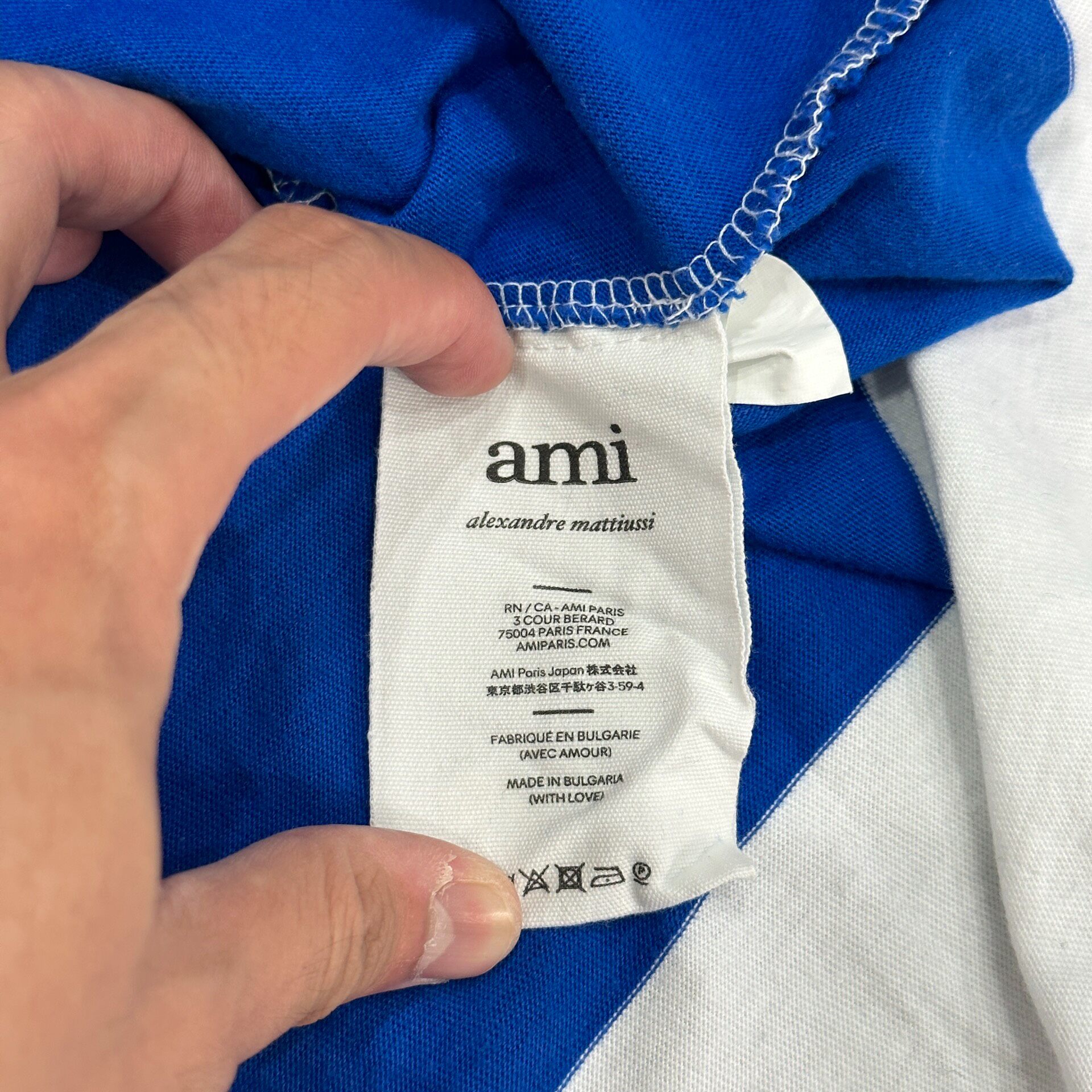 AMI Blue White Striped Heart Polo Shirt — label
