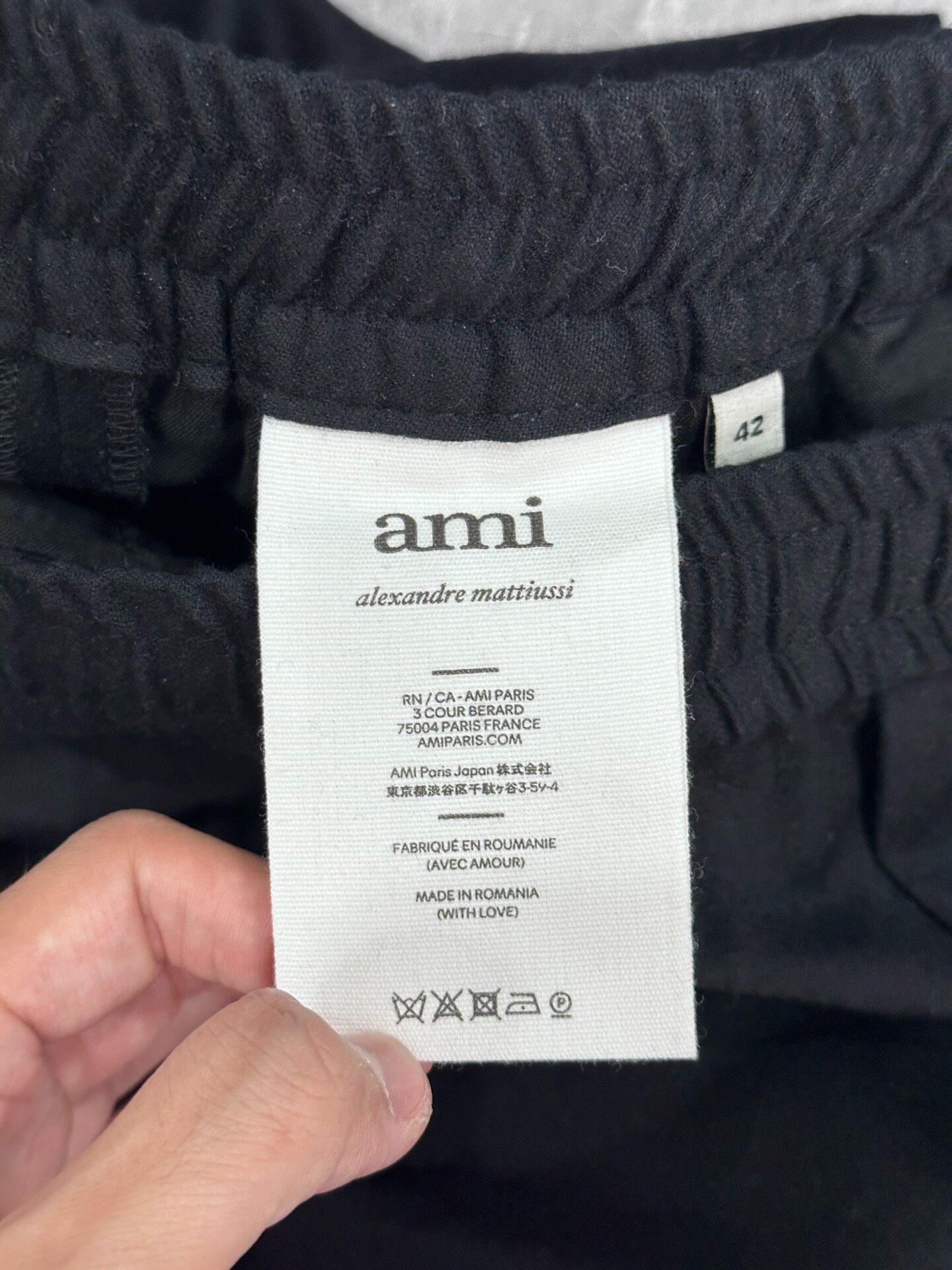 AMI Black Wool Slim Tailored Trousers — back