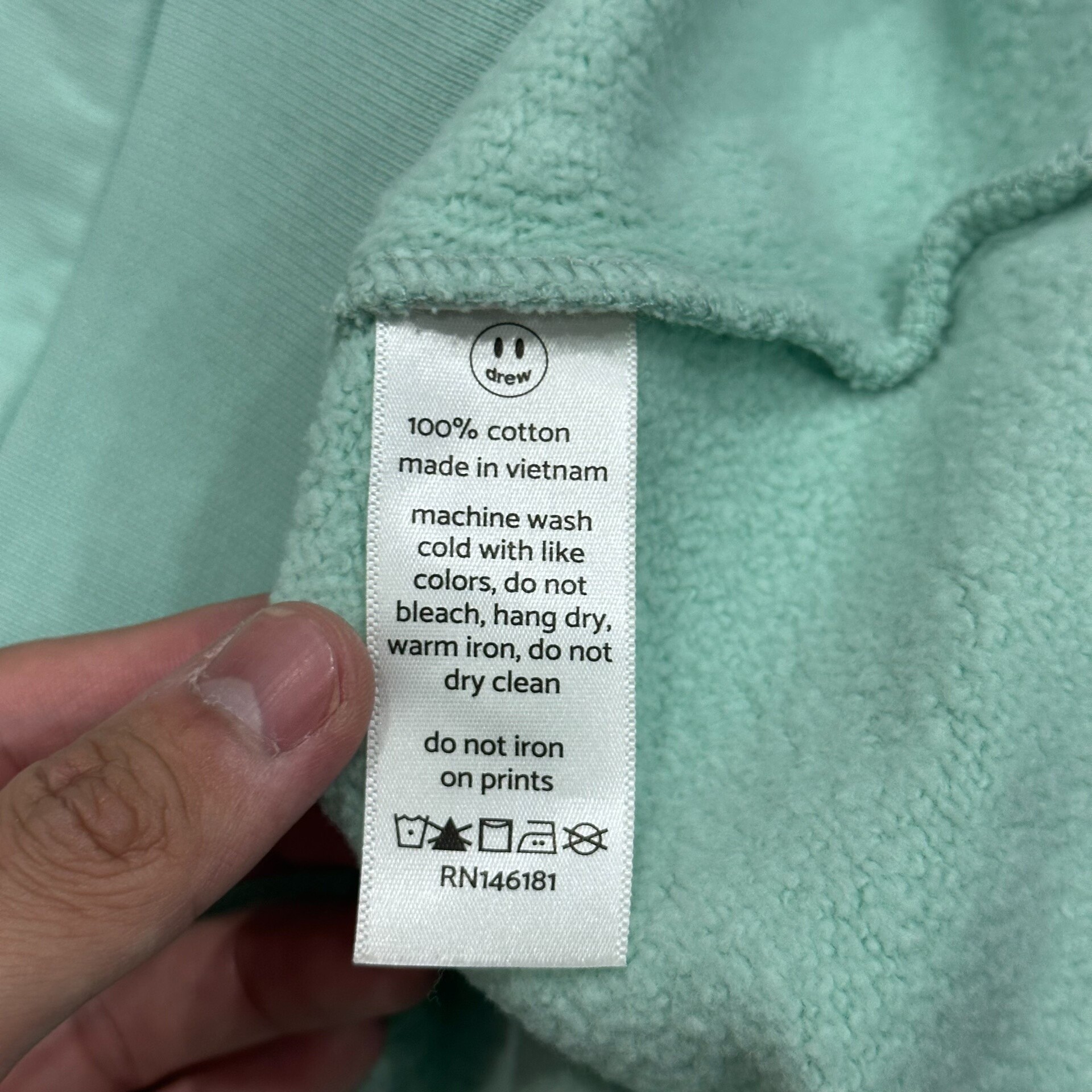 Drew House Mint Green Smiley Hoodie — label
