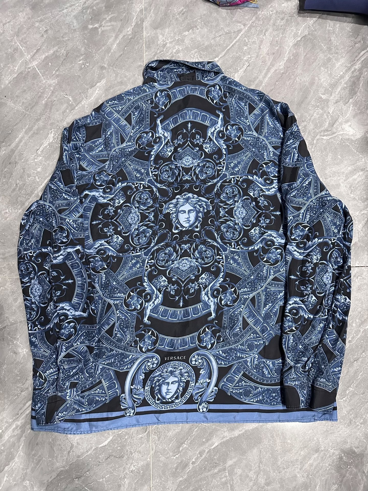 Versace Black Blue Silk Long Sleeve Shirt — front