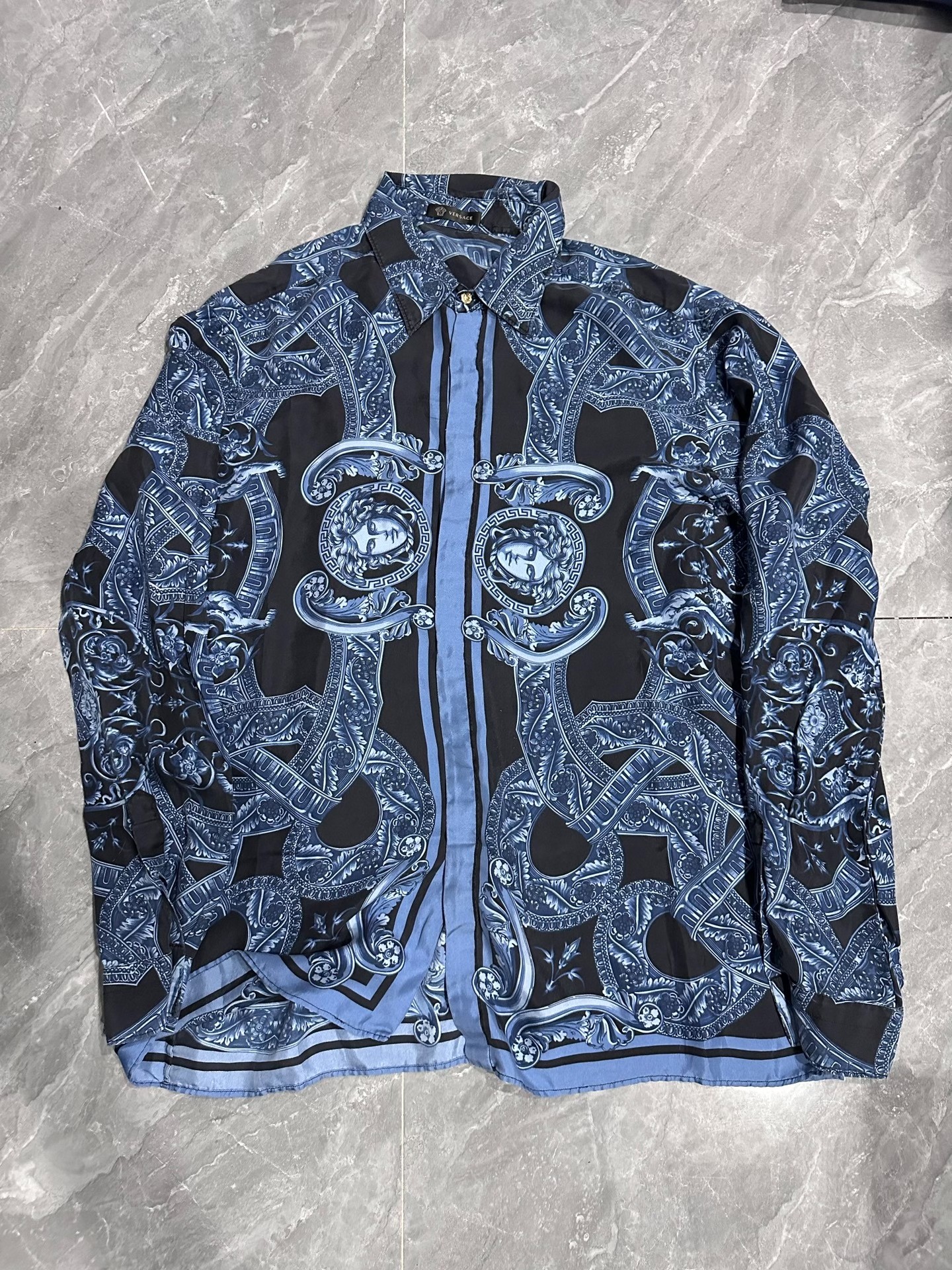 Versace Black Blue Silk Long Sleeve Shirt