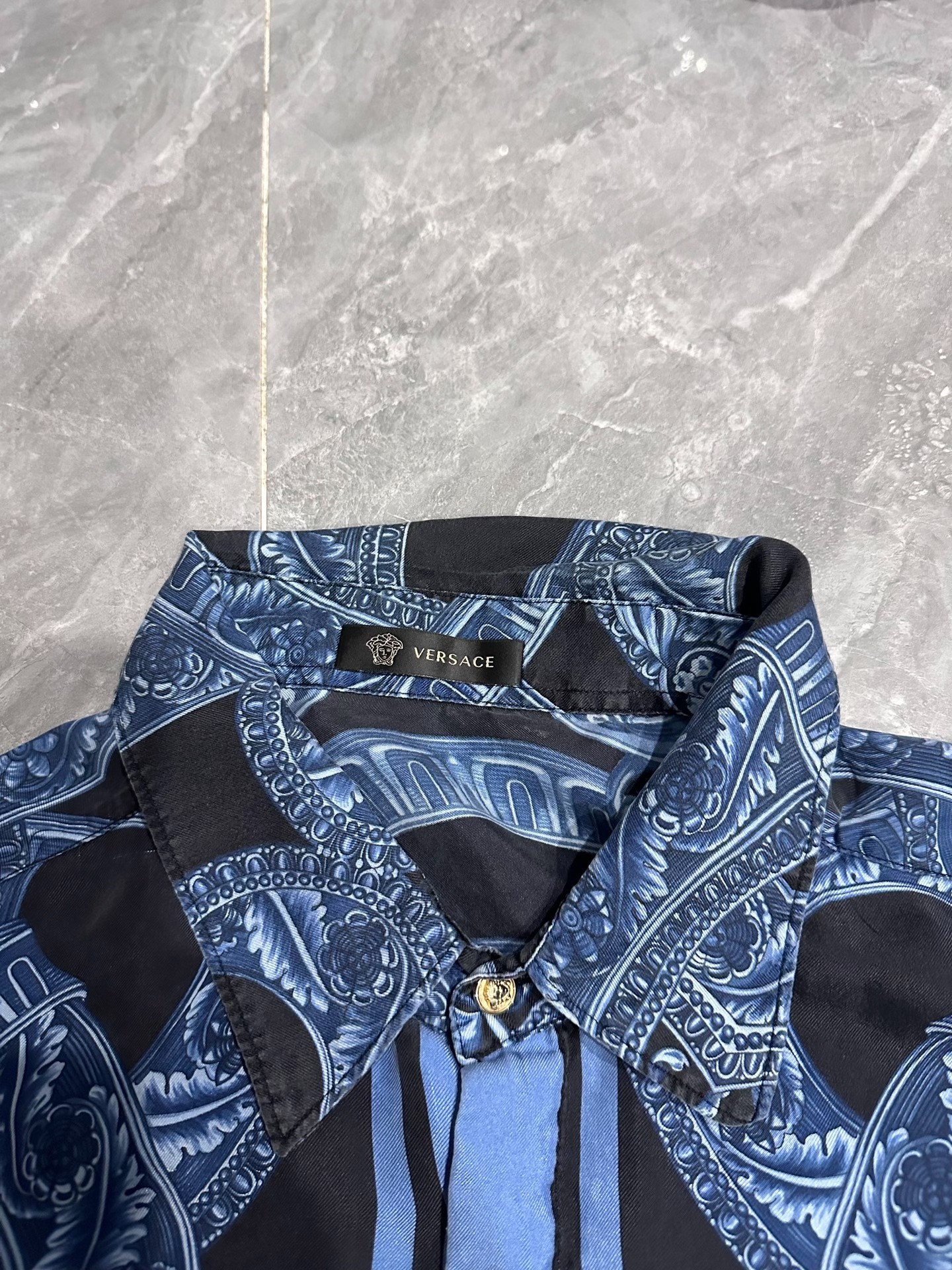 Versace Black Blue Silk Long Sleeve Shirt — detail