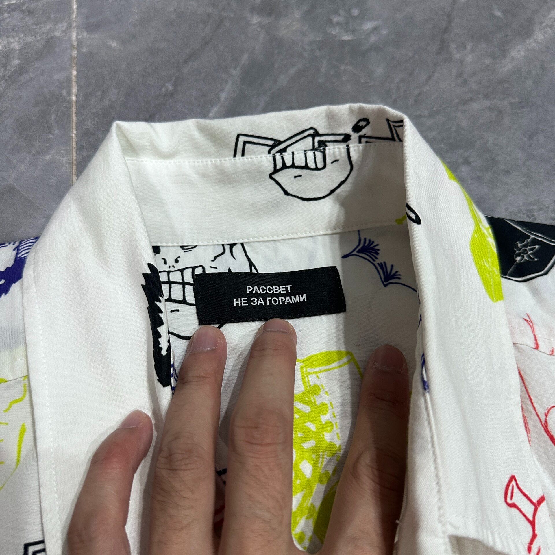 White Graffiti Print Long Sleeve Shirt — label