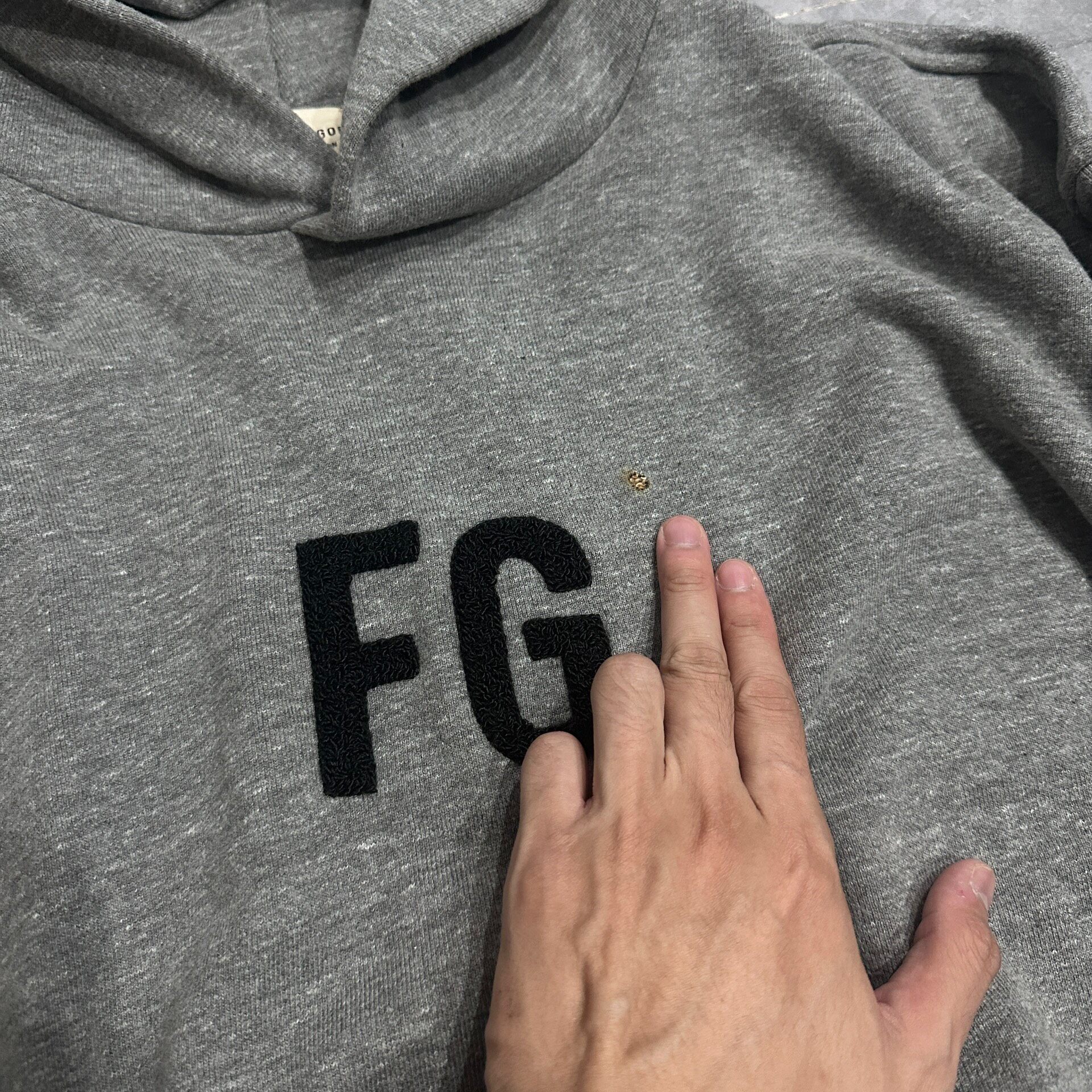 Fear of God Gray Flocked FG Hoodie — detail