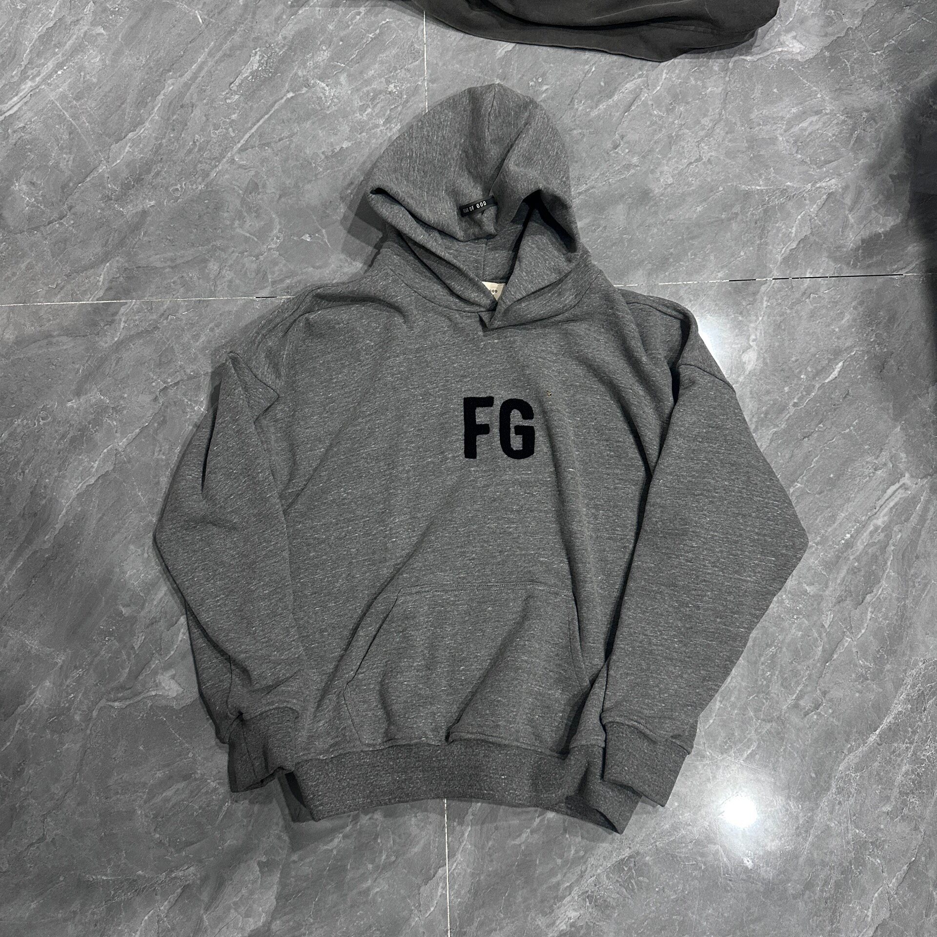 Fear of God Gray Flocked FG Hoodie