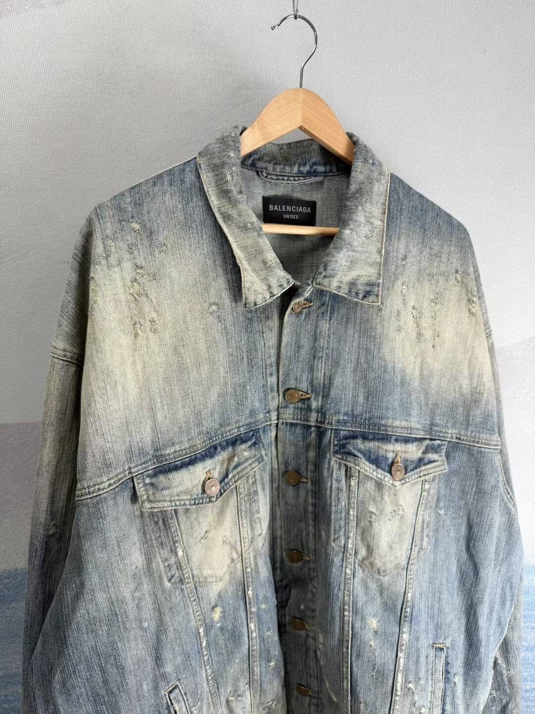 Balenciaga Mud-Wash Distressed Denim Jacket — detail