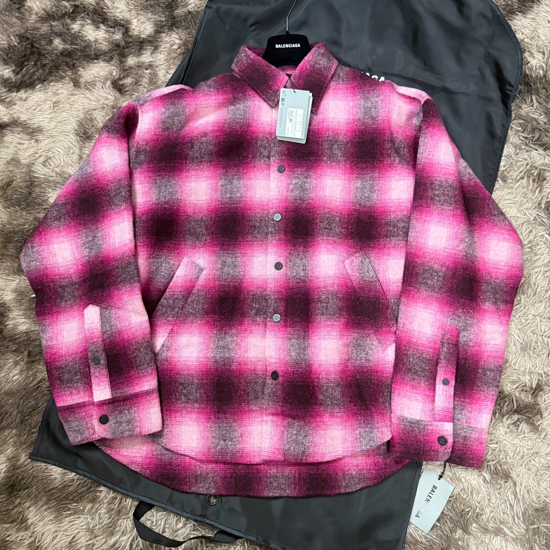 Balenciaga 25SS Pink Plaid Wool Shirt Jacket