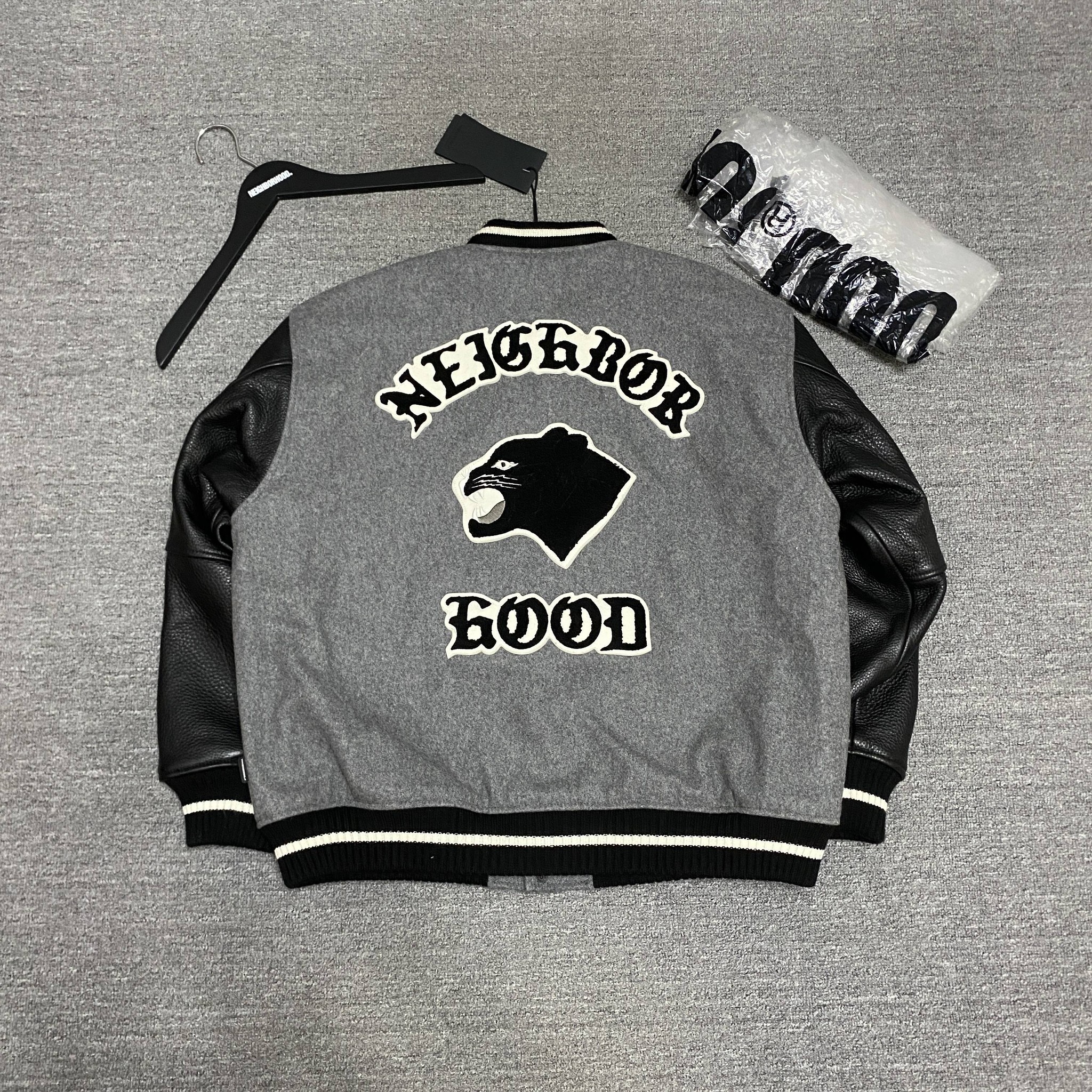 NEIGHBORHOOD 23AW Leather Sleeve Varsity Jacket — detail