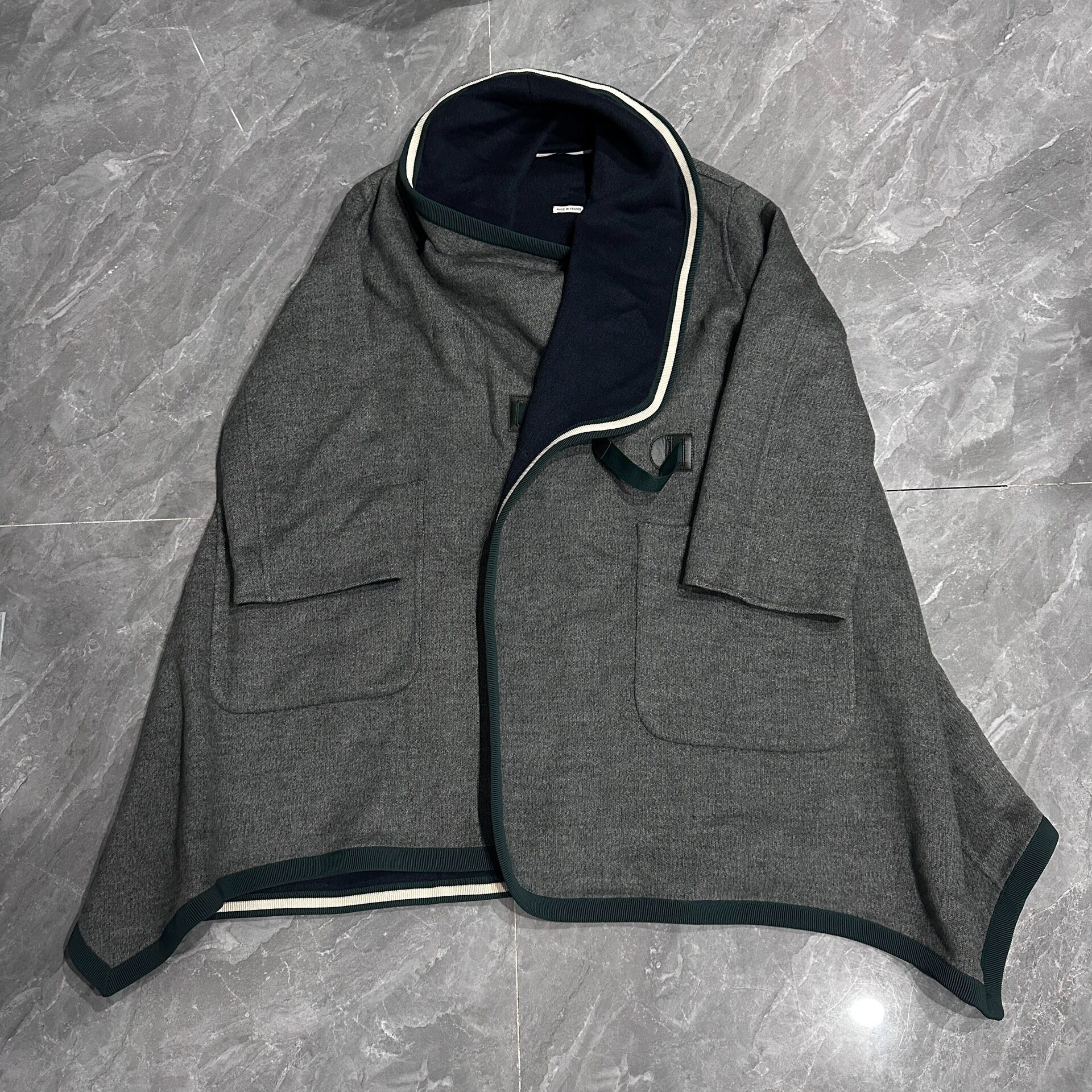 Hermes Gray Navy Lined Long Cloak Coat