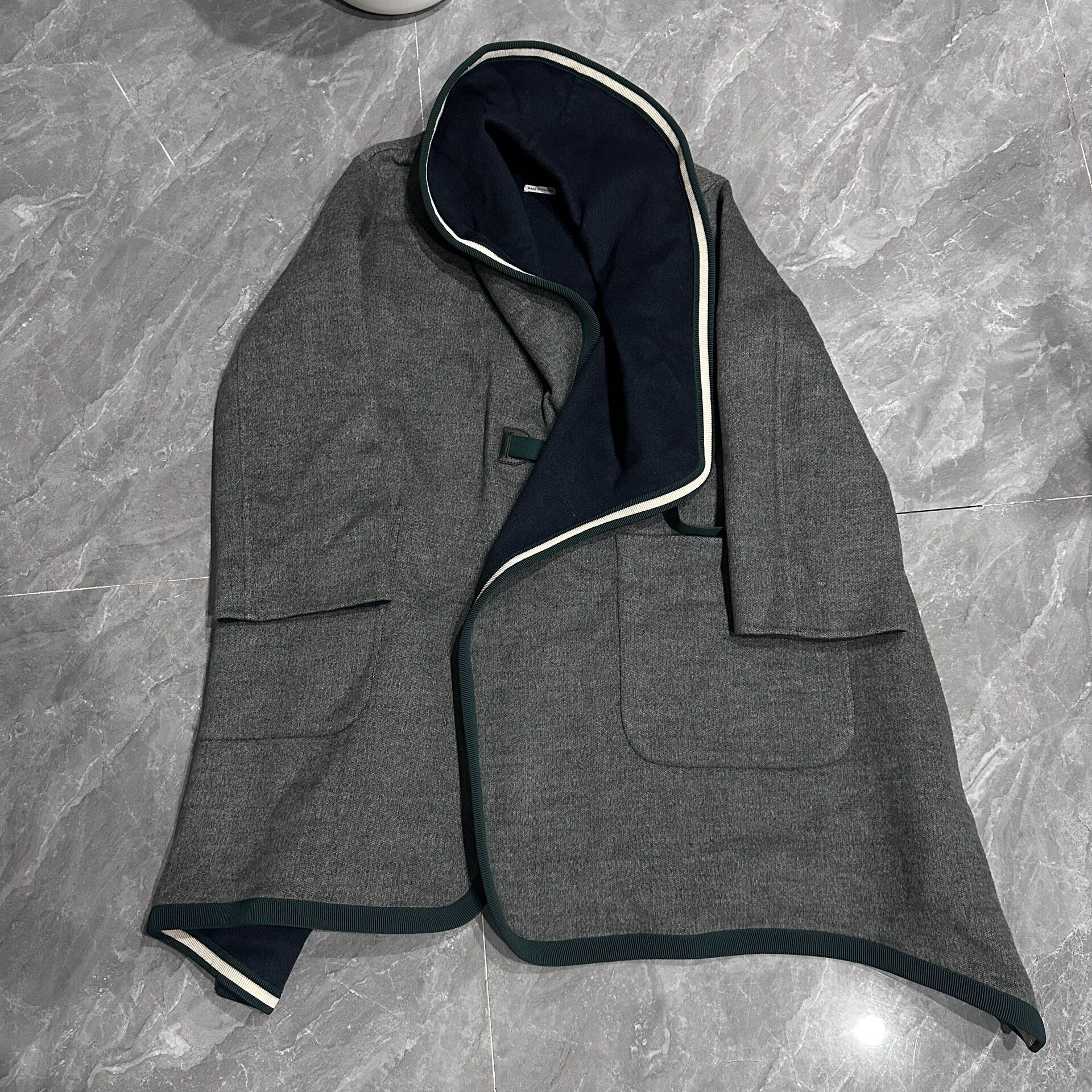 Hermes Gray Navy Lined Long Cloak Coat — front