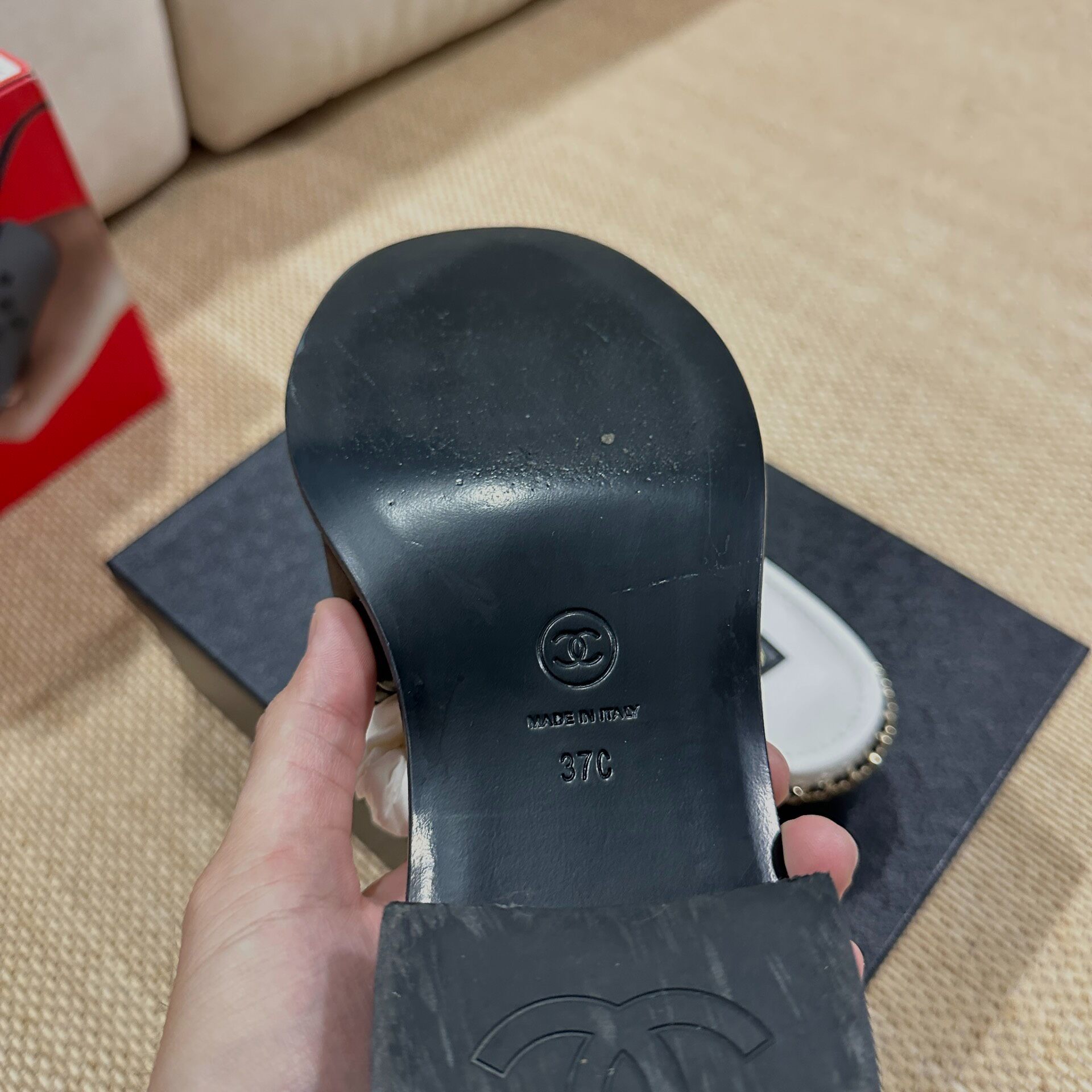 Chanel 25P Black Quilted Slide Sandals — label