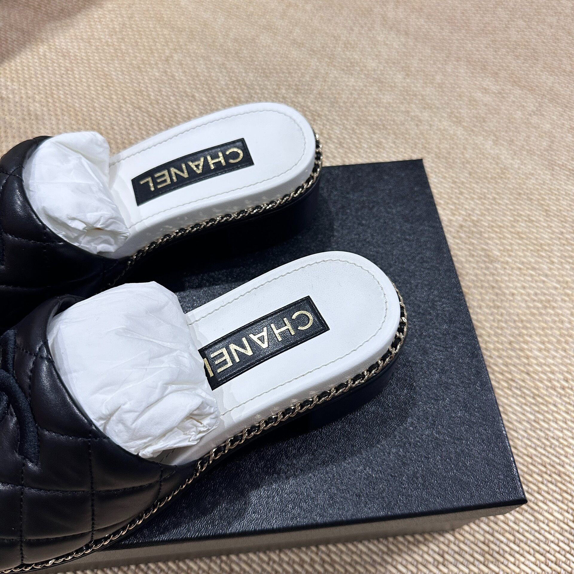 Chanel 25P Black Quilted Slide Sandals — detail