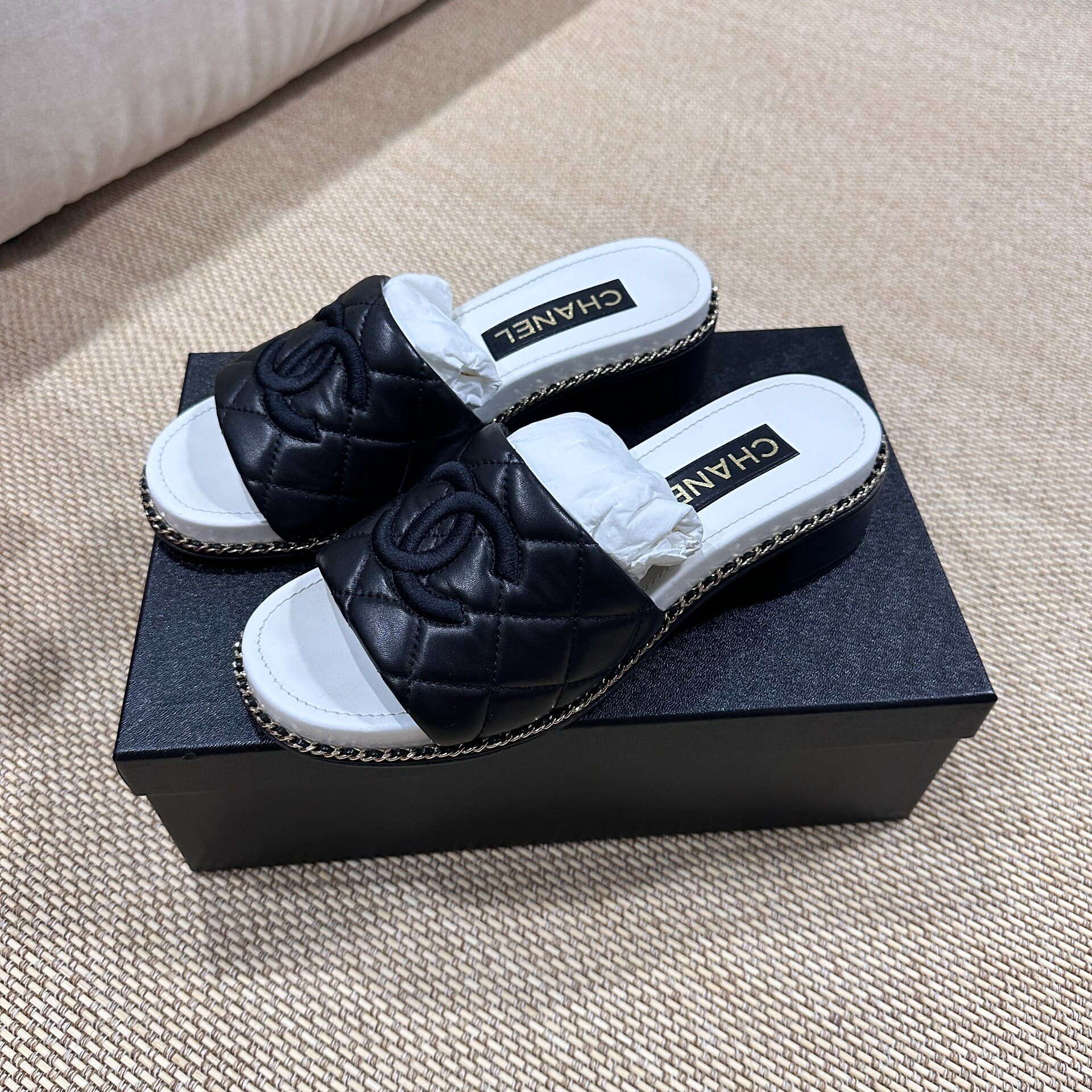 Chanel 25P Black Quilted Slide Sandals