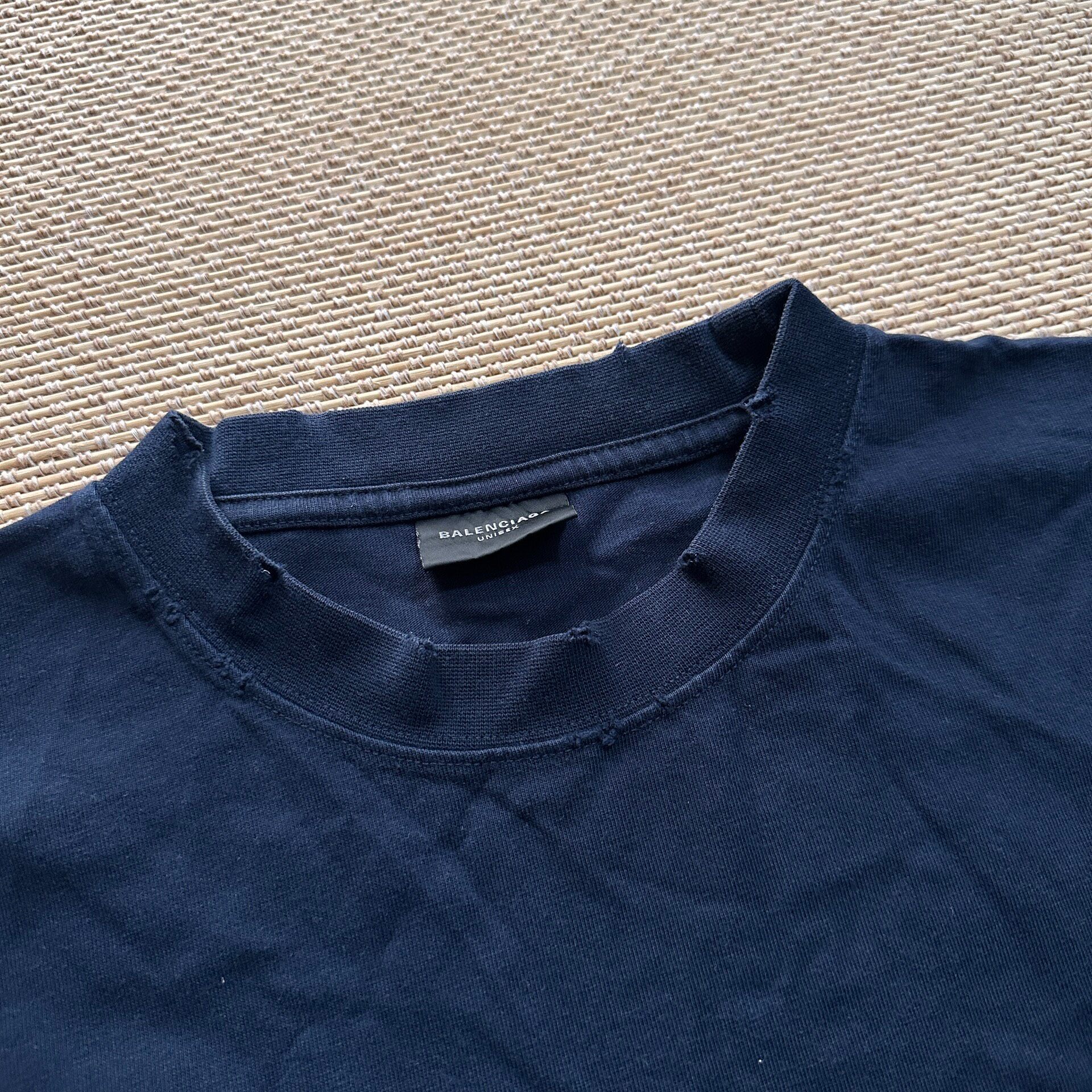Balenciaga Navy Distressed Short Sleeve Tee — detail