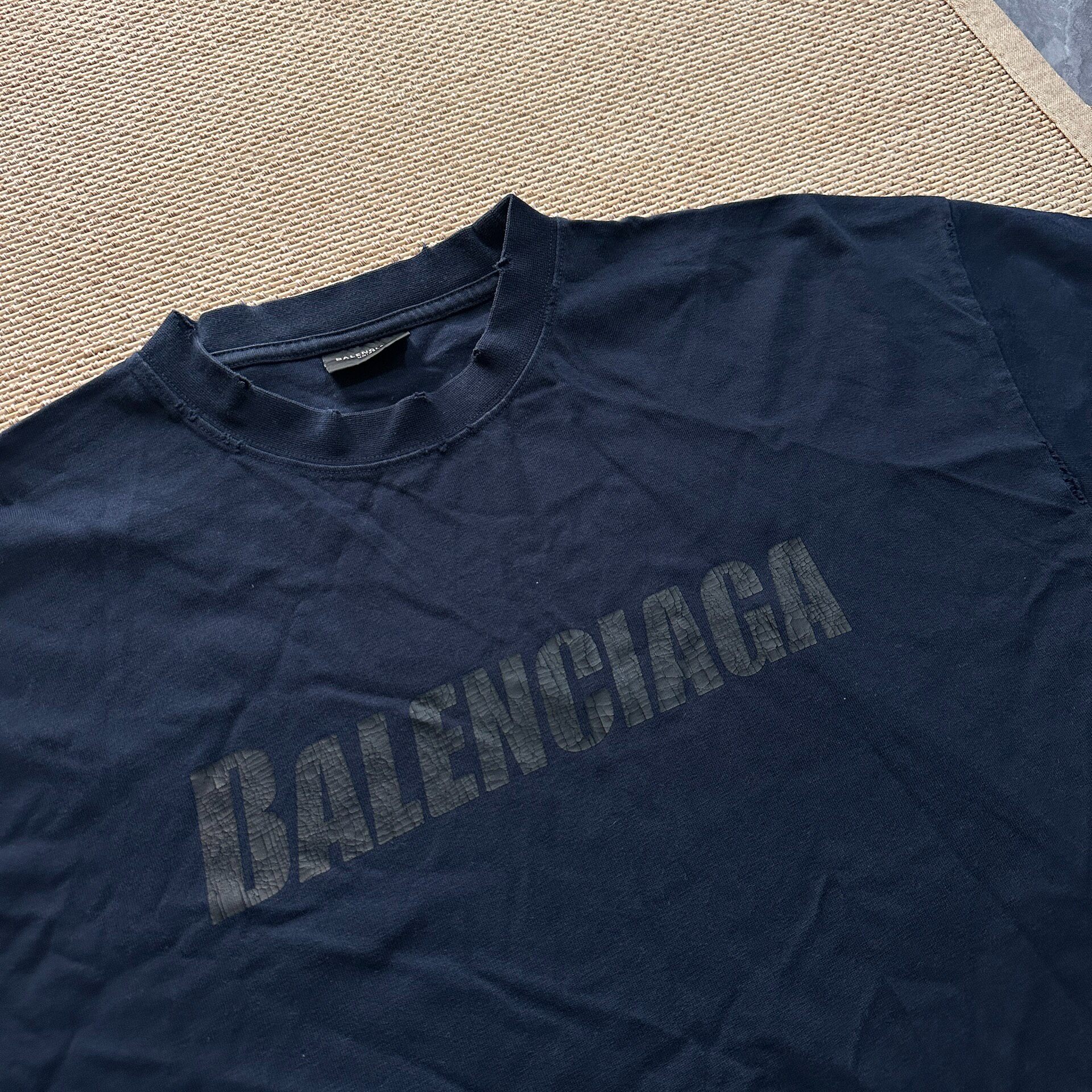 Balenciaga Navy Distressed Short Sleeve Tee — back