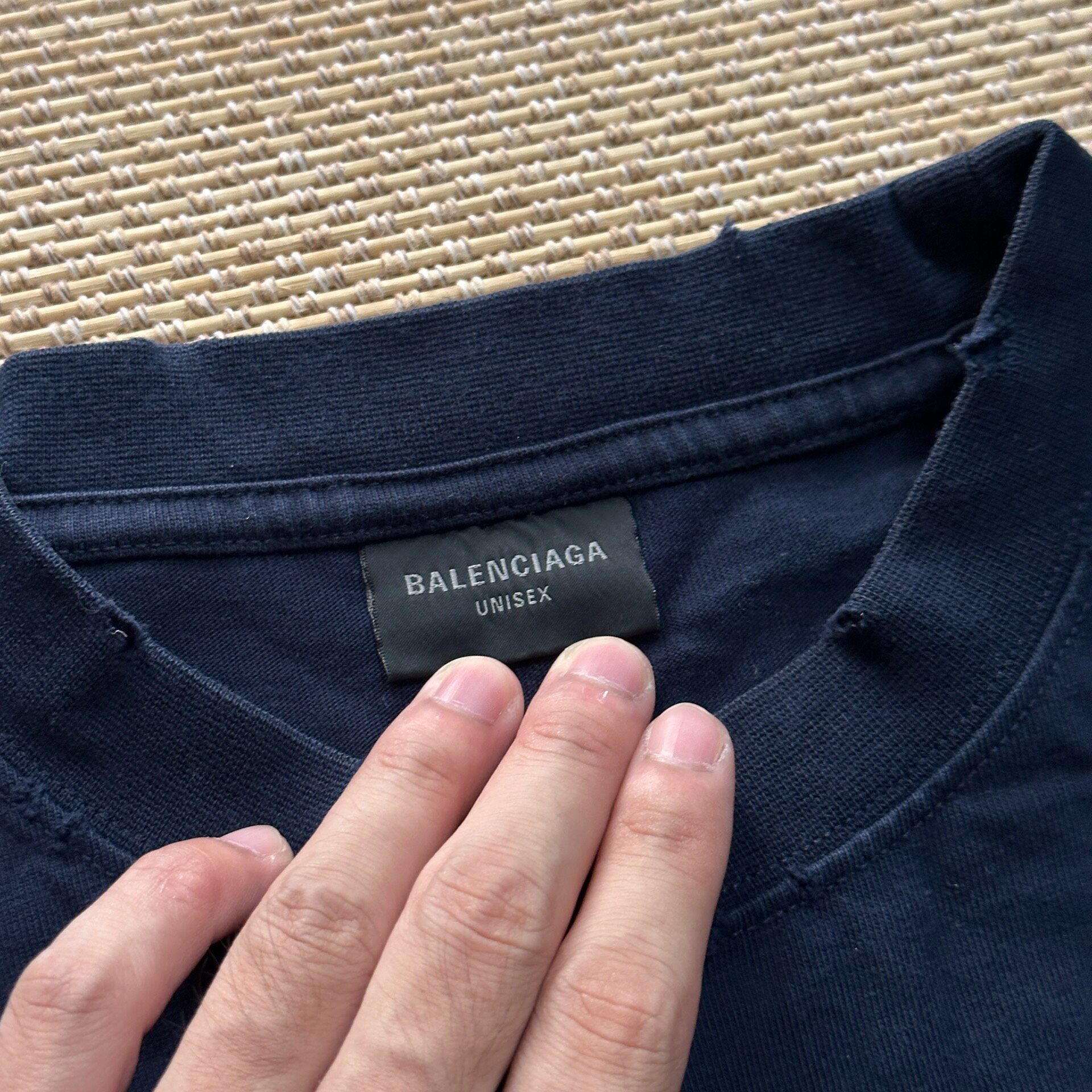 Balenciaga Navy Distressed Short Sleeve Tee — label