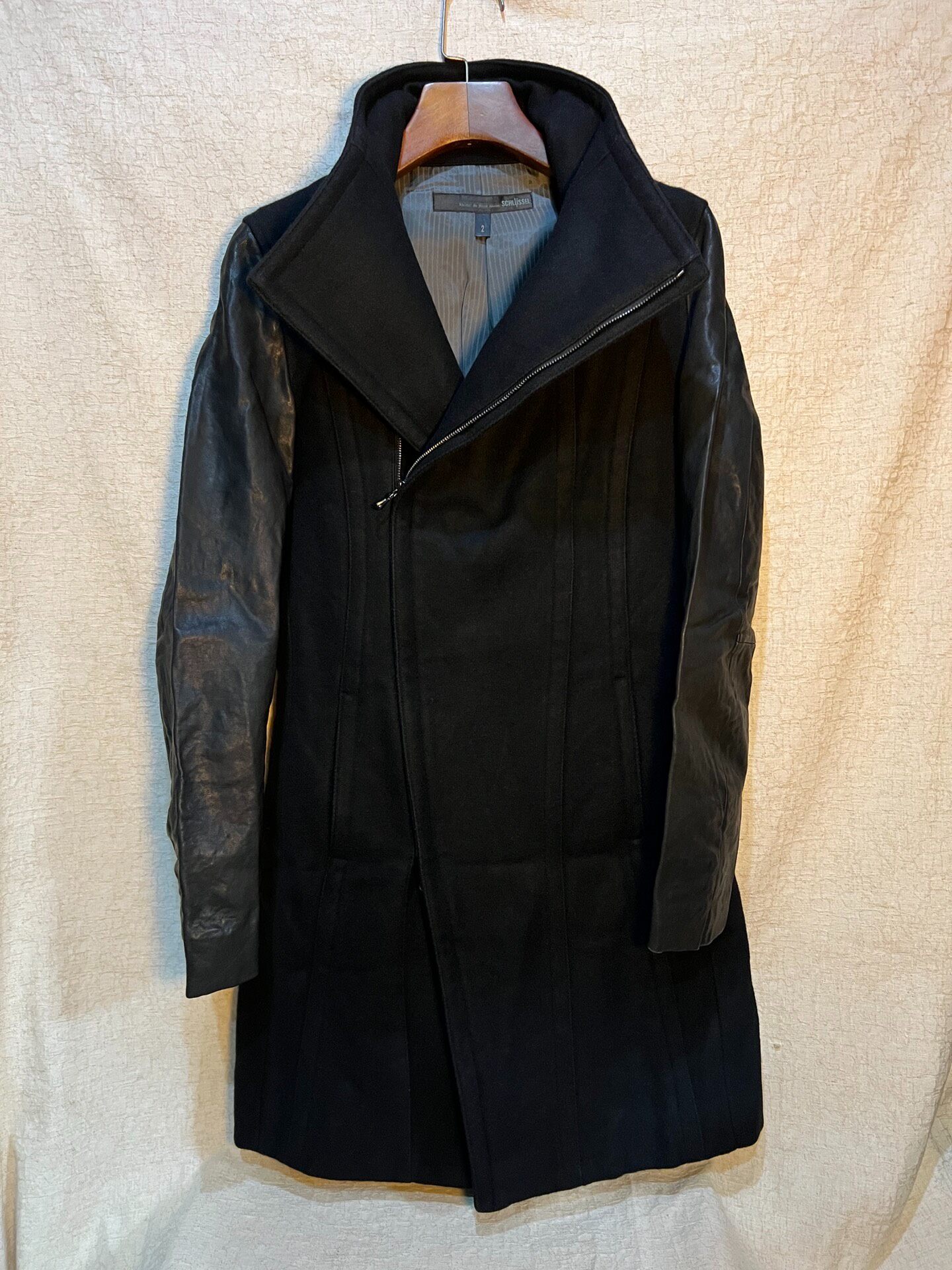 SCHLUSE Avant-Garde Leather Panel Coat — detail
