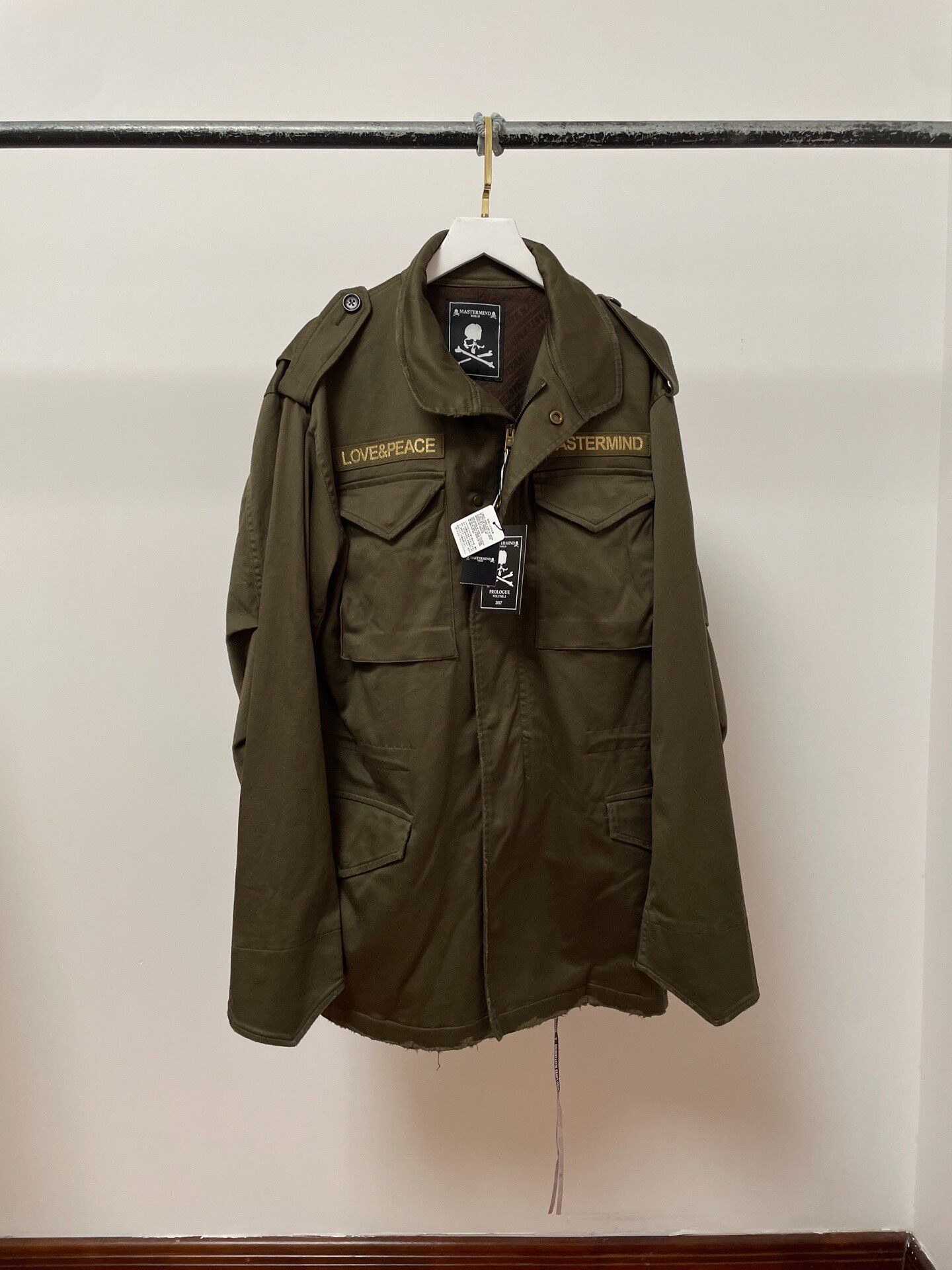 Mastermind Silver Skull Embroidered Trench Coat — front