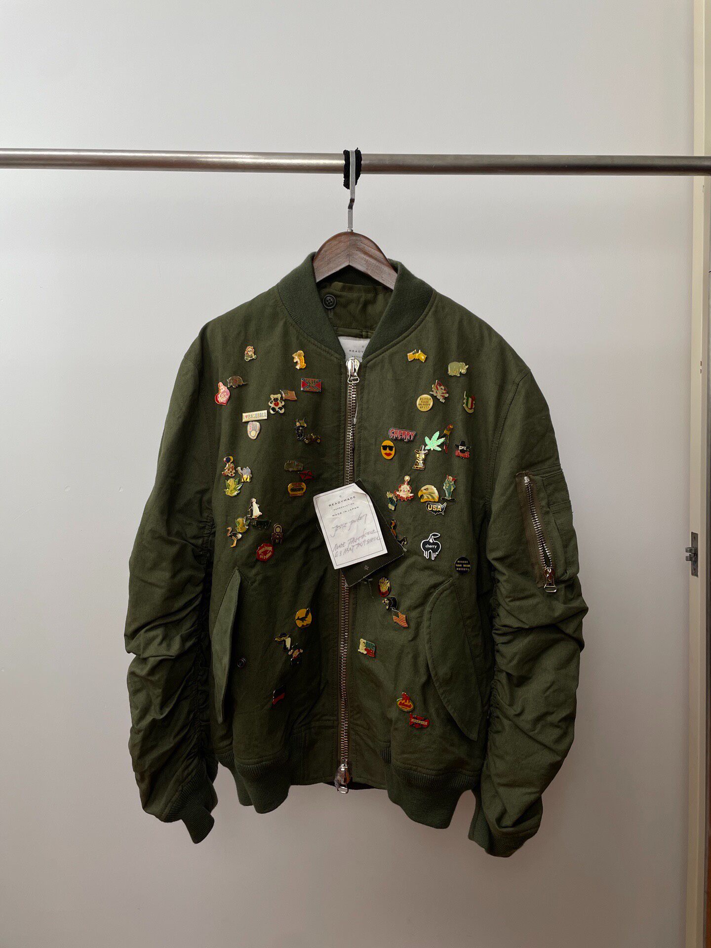 Readymade Olive Green Enamel Pin Bomber Jacket
