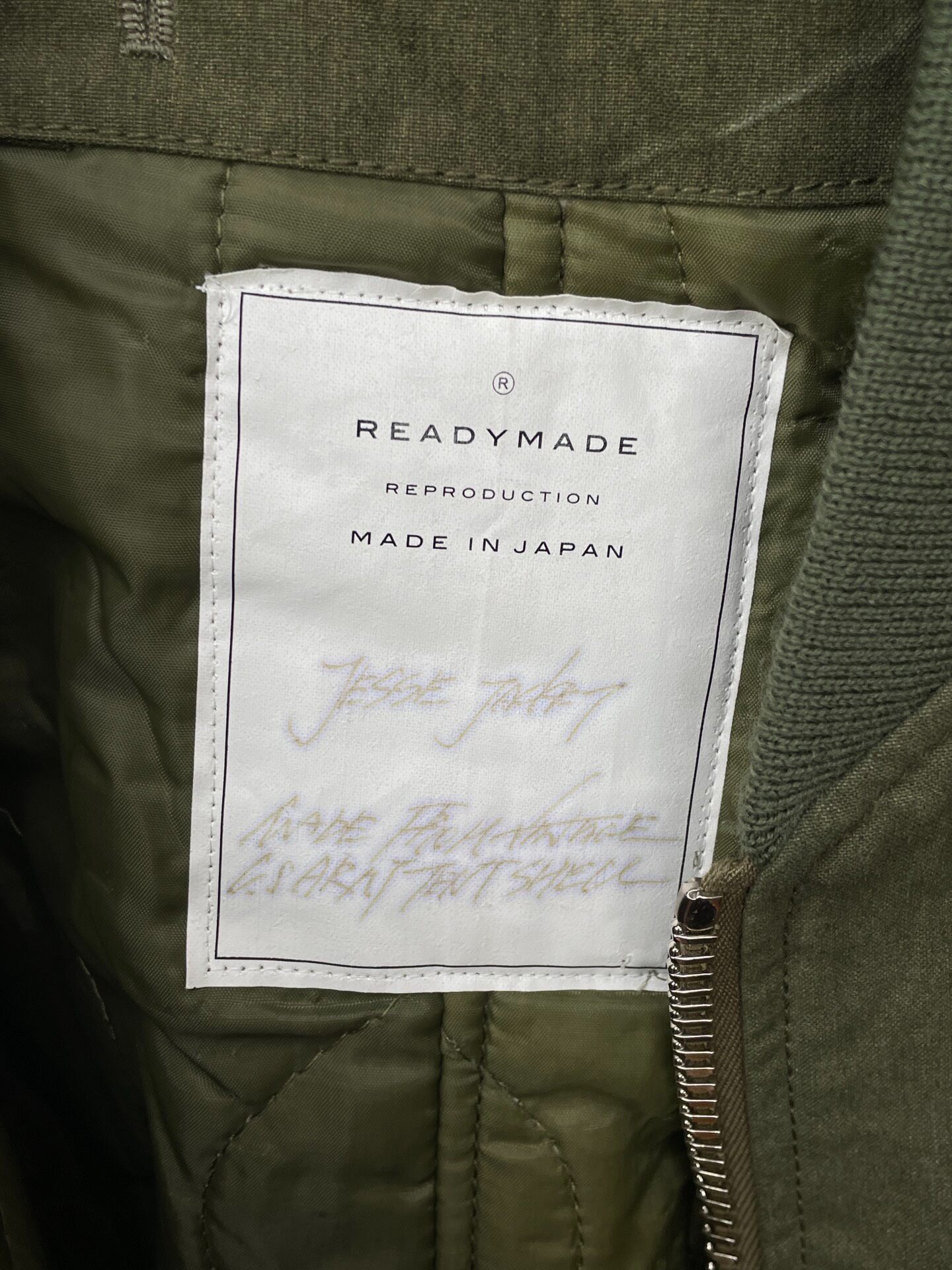 Readymade Olive Green Enamel Pin Bomber Jacket — detail