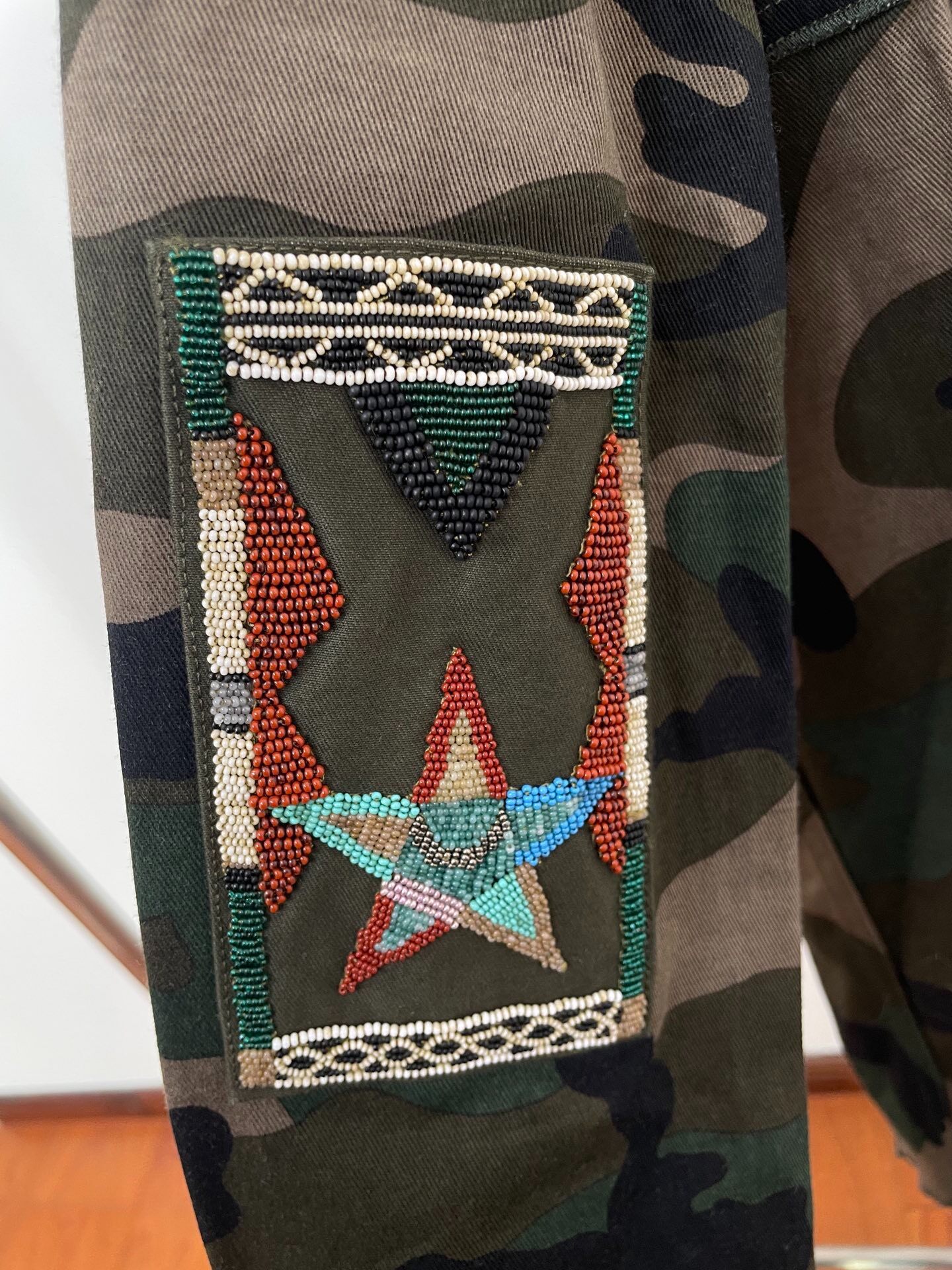 Valentino Beaded Camouflage Shirt Jacket — detail