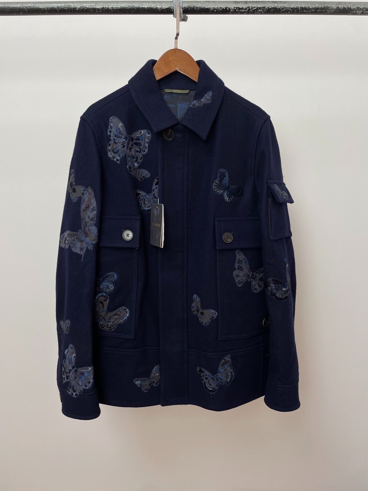 Valentino Blue Butterfly Embroidered Wool Coat