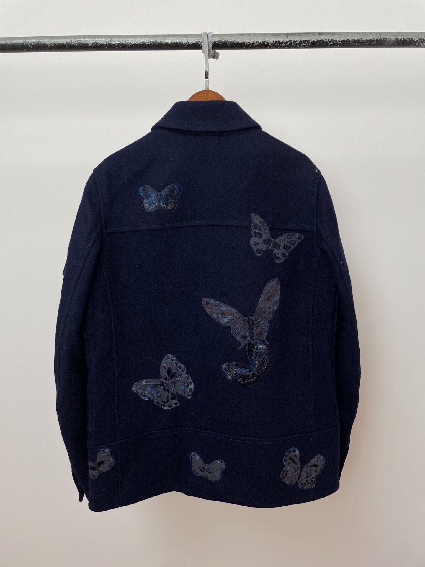 Valentino Blue Butterfly Embroidered Wool Coat — front