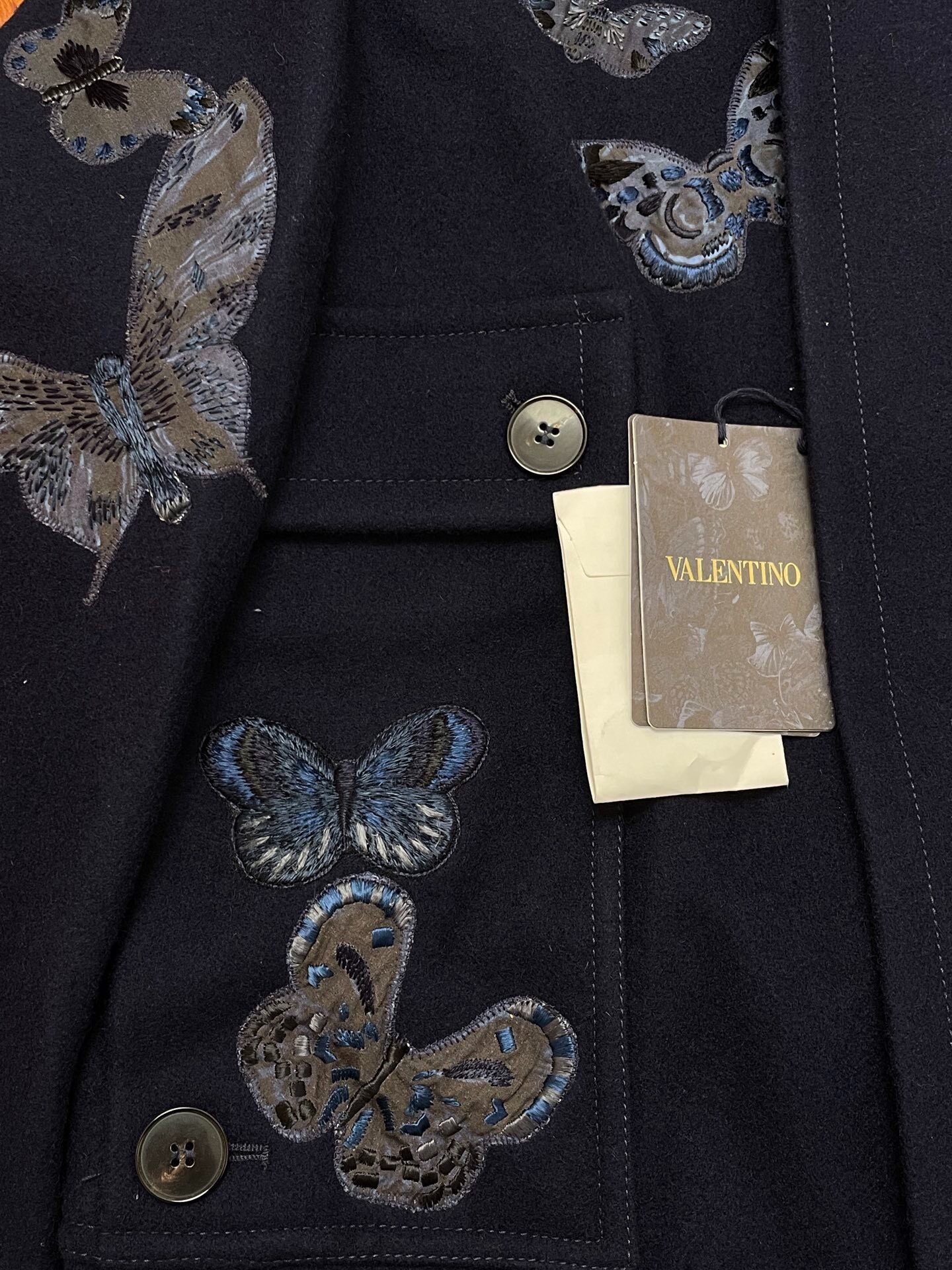 Valentino Blue Butterfly Embroidered Wool Coat — back