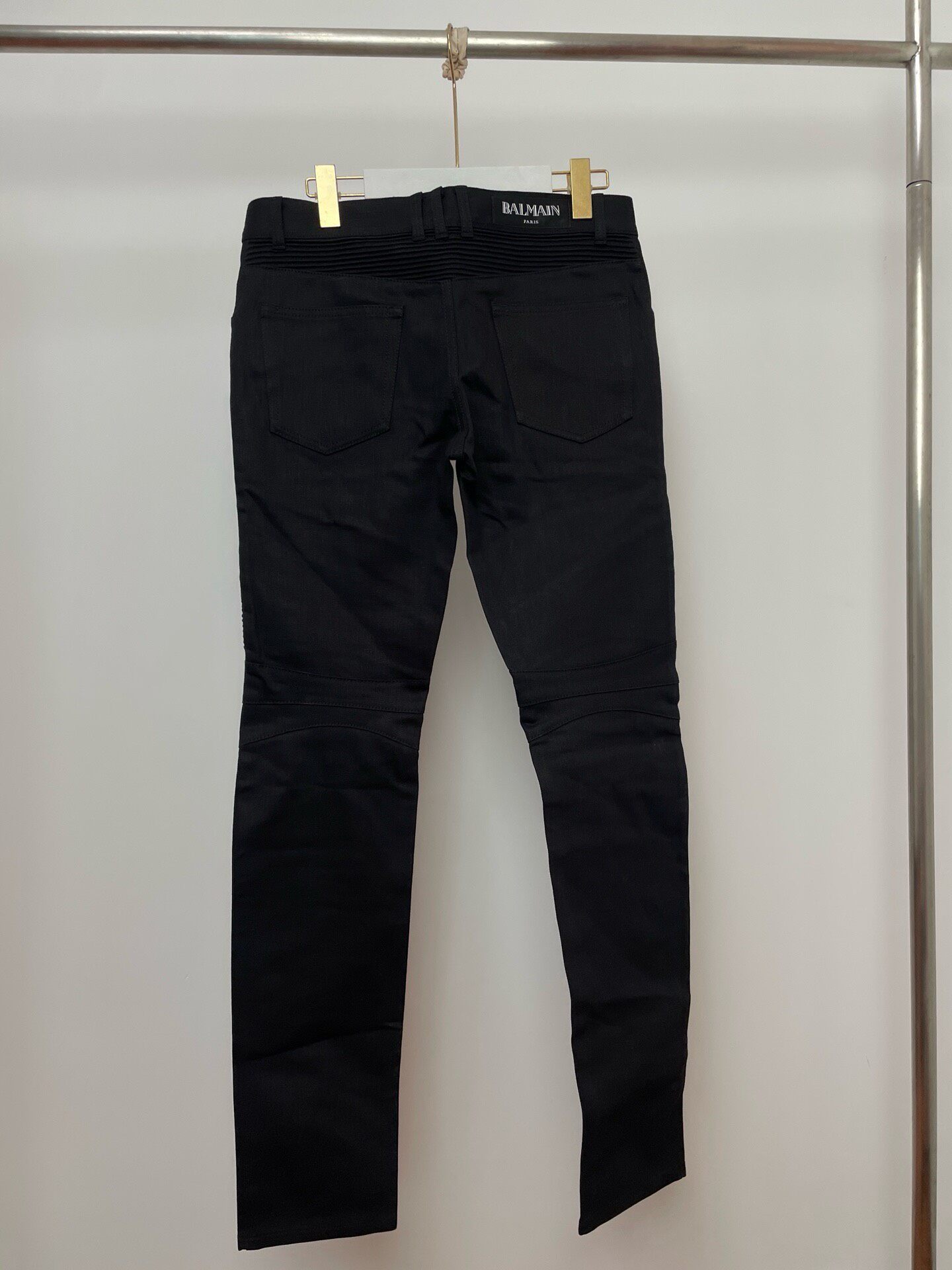 Balmain Main Line Leather Patch Motorcycle Jeans — front