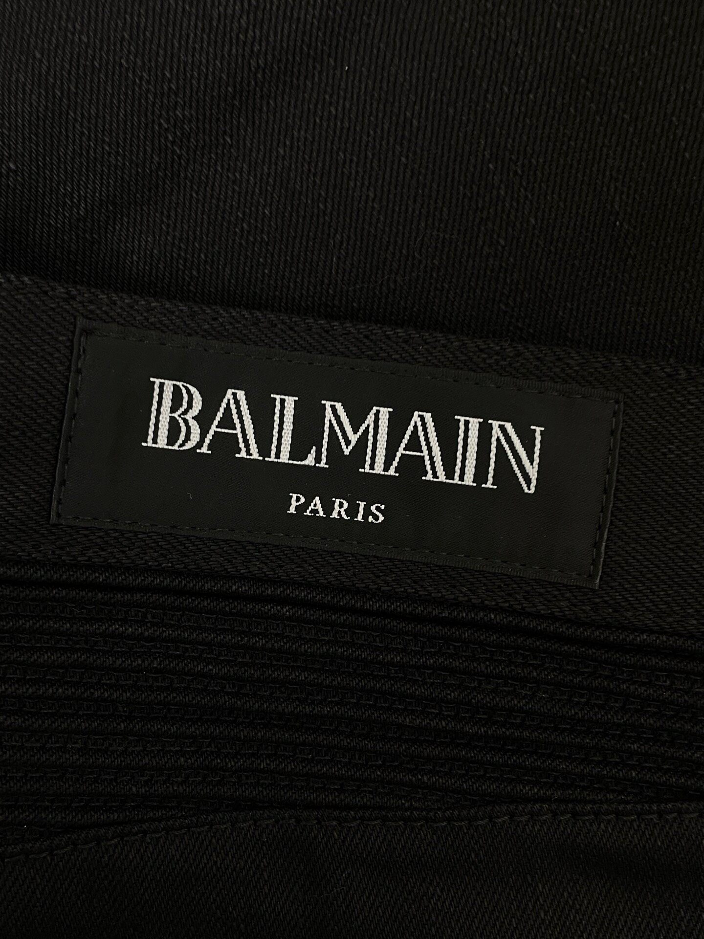 Balmain Main Line Leather Patch Motorcycle Jeans — label