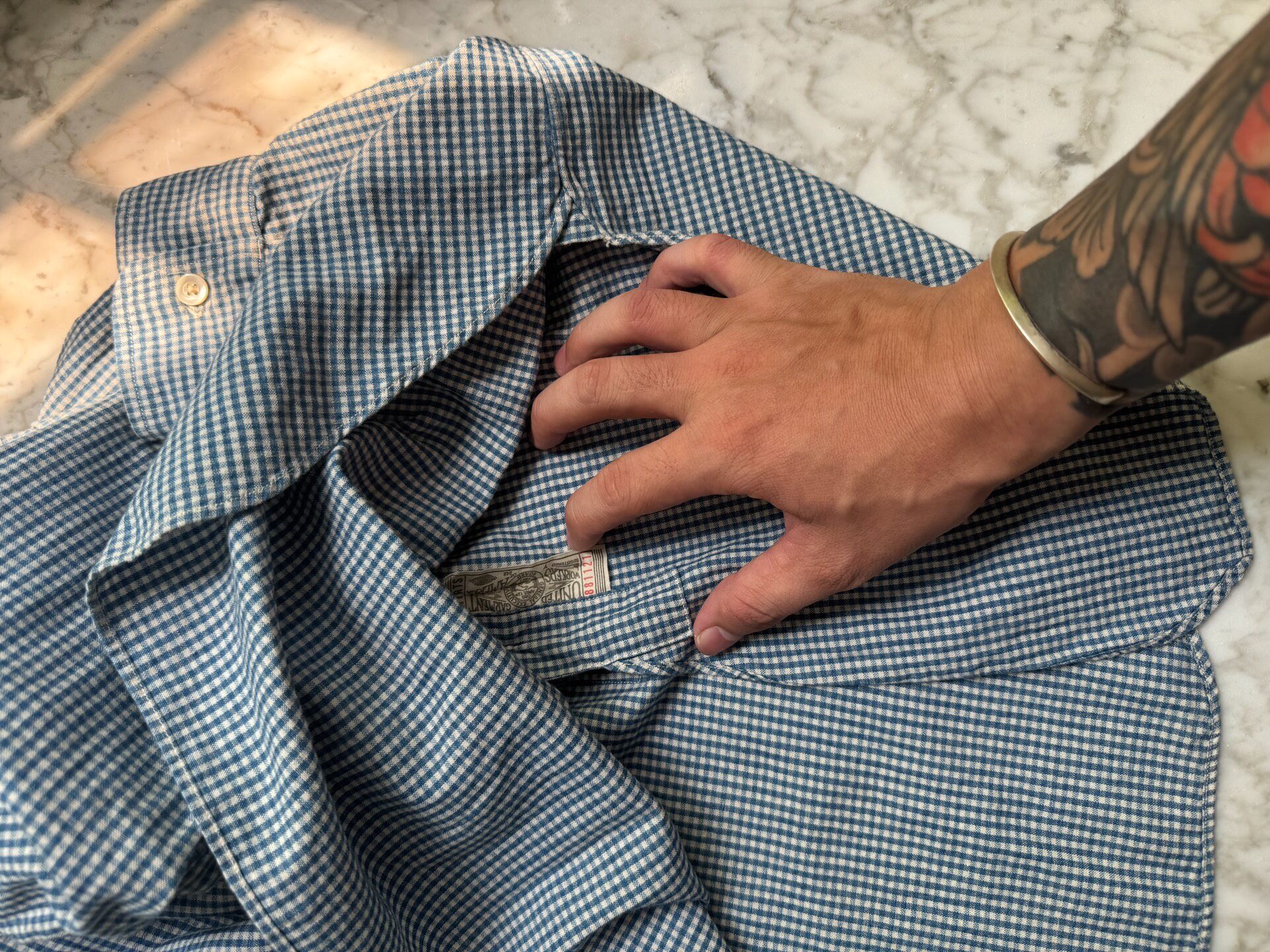 Freewheelers Long-Sleeve Blue Check Shirt — detail