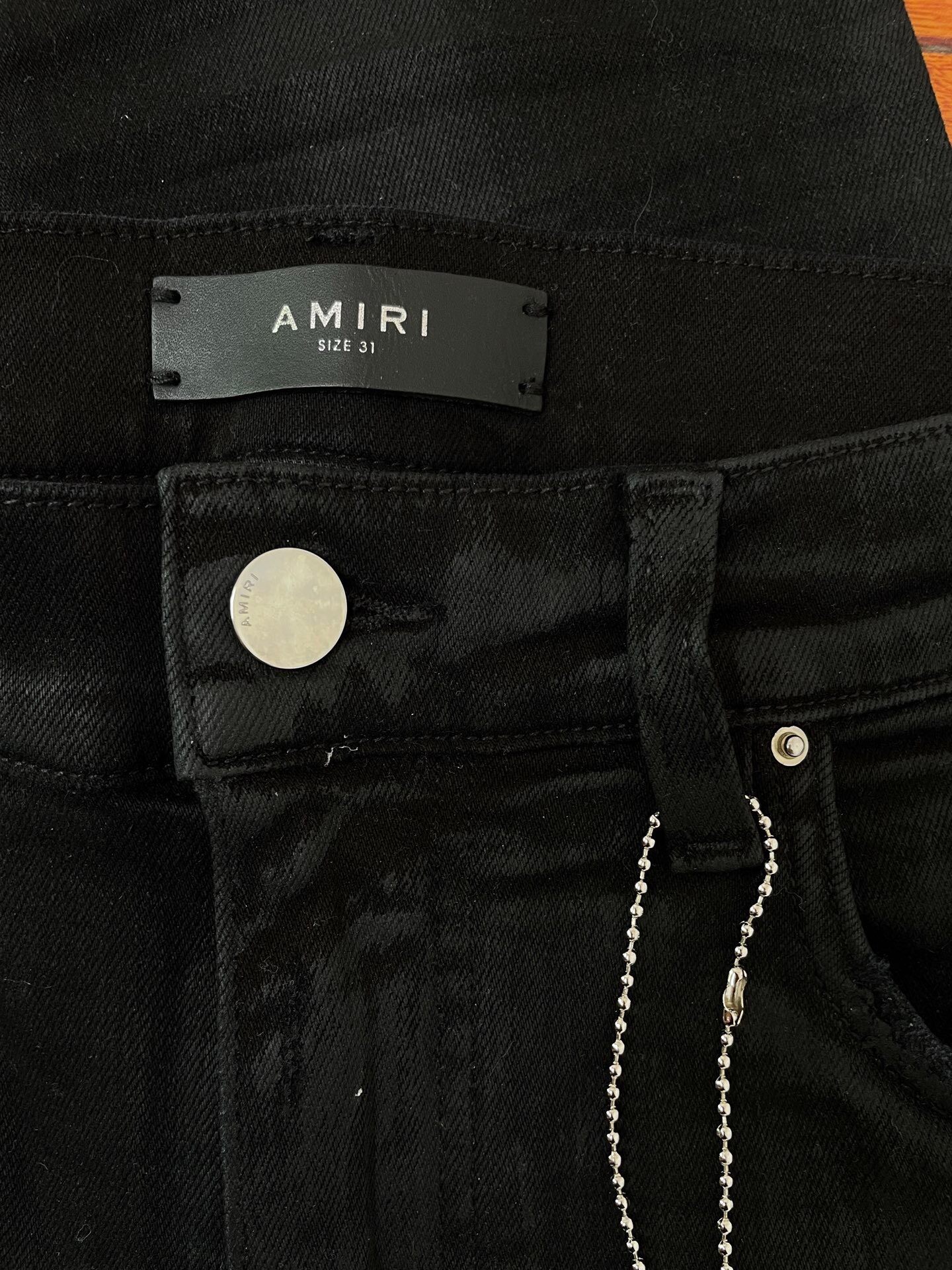 Amiri Straight Leather Patch Distressed Jeans — detail