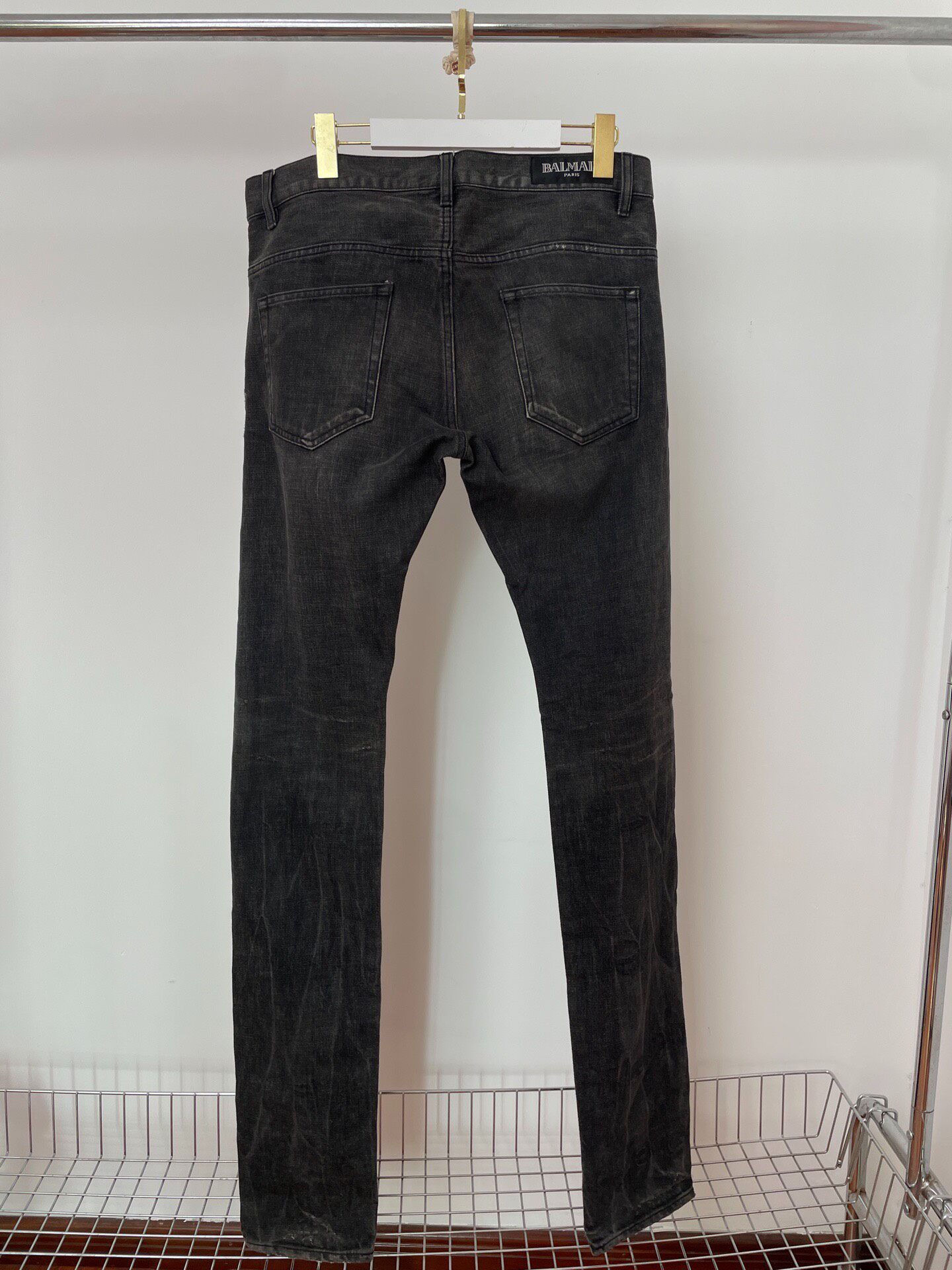Balmain Dark Gray Distressed Straight Jeans — front