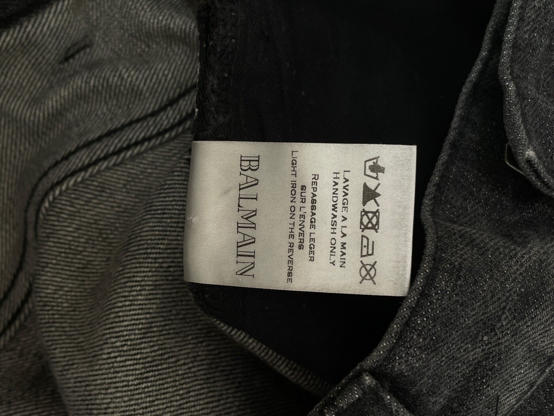 Balmain Dark Gray Distressed Slim Jeans — label