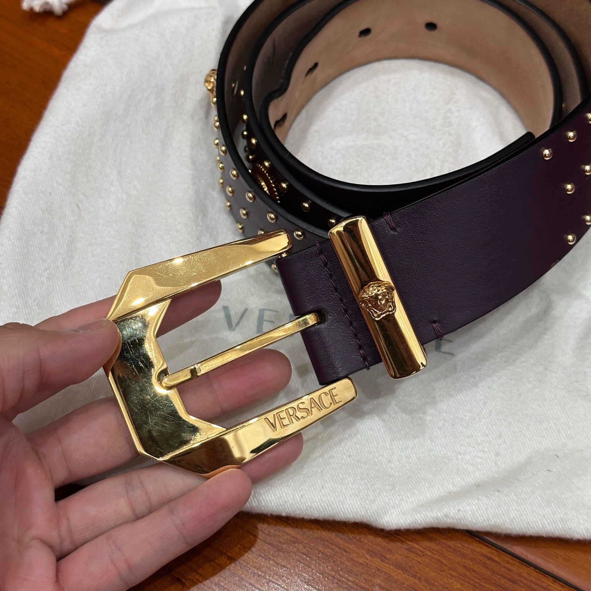 Versace Medusa Gold Stud Leather Belt — front