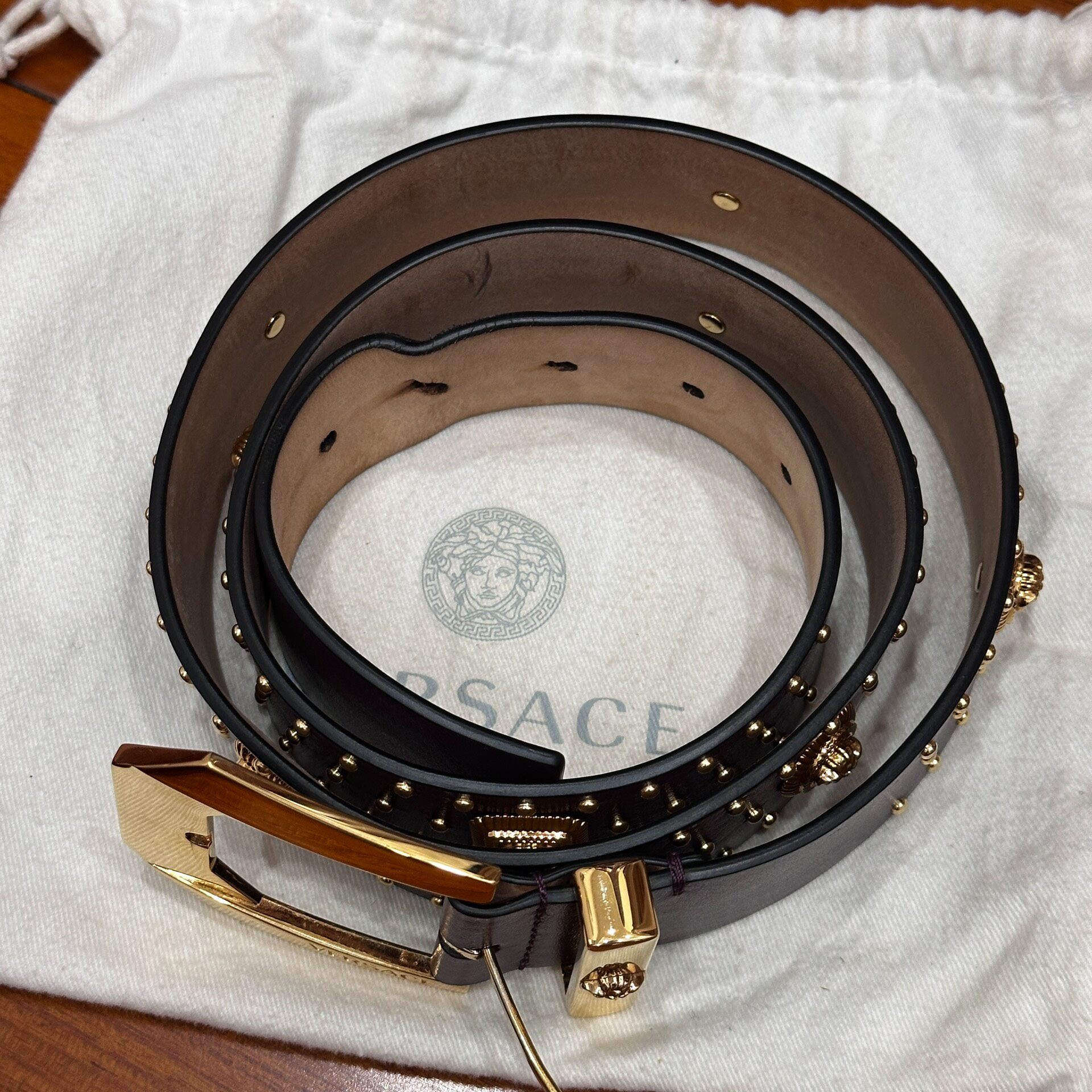 Versace Medusa Gold Stud Leather Belt — label