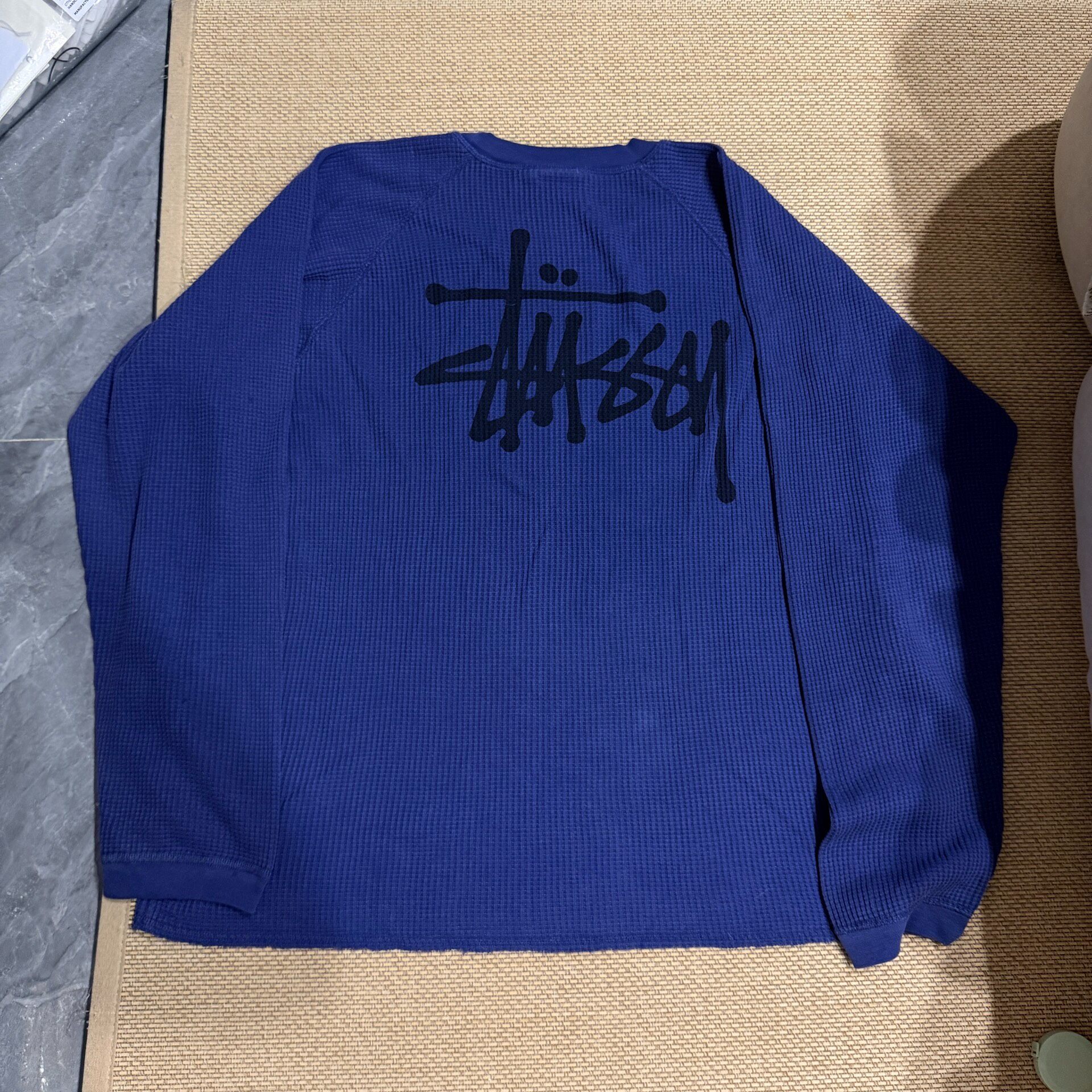 Stussy Dark Blue Waffle-Knit Long Sleeve Shirt — front