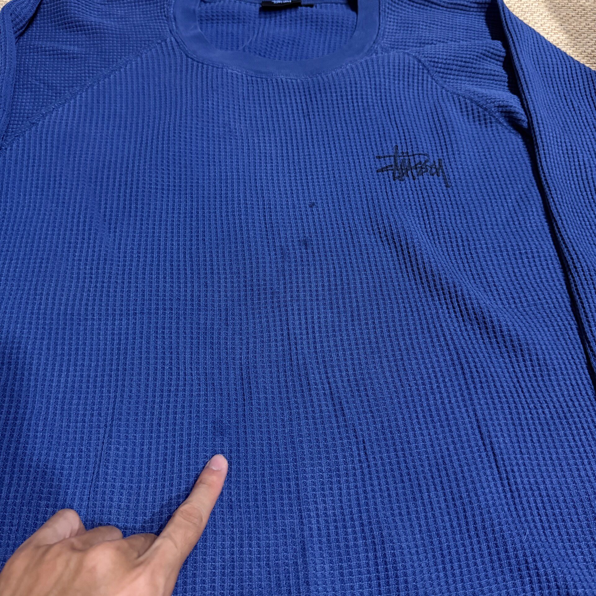 Stussy Dark Blue Waffle-Knit Long Sleeve Shirt — detail