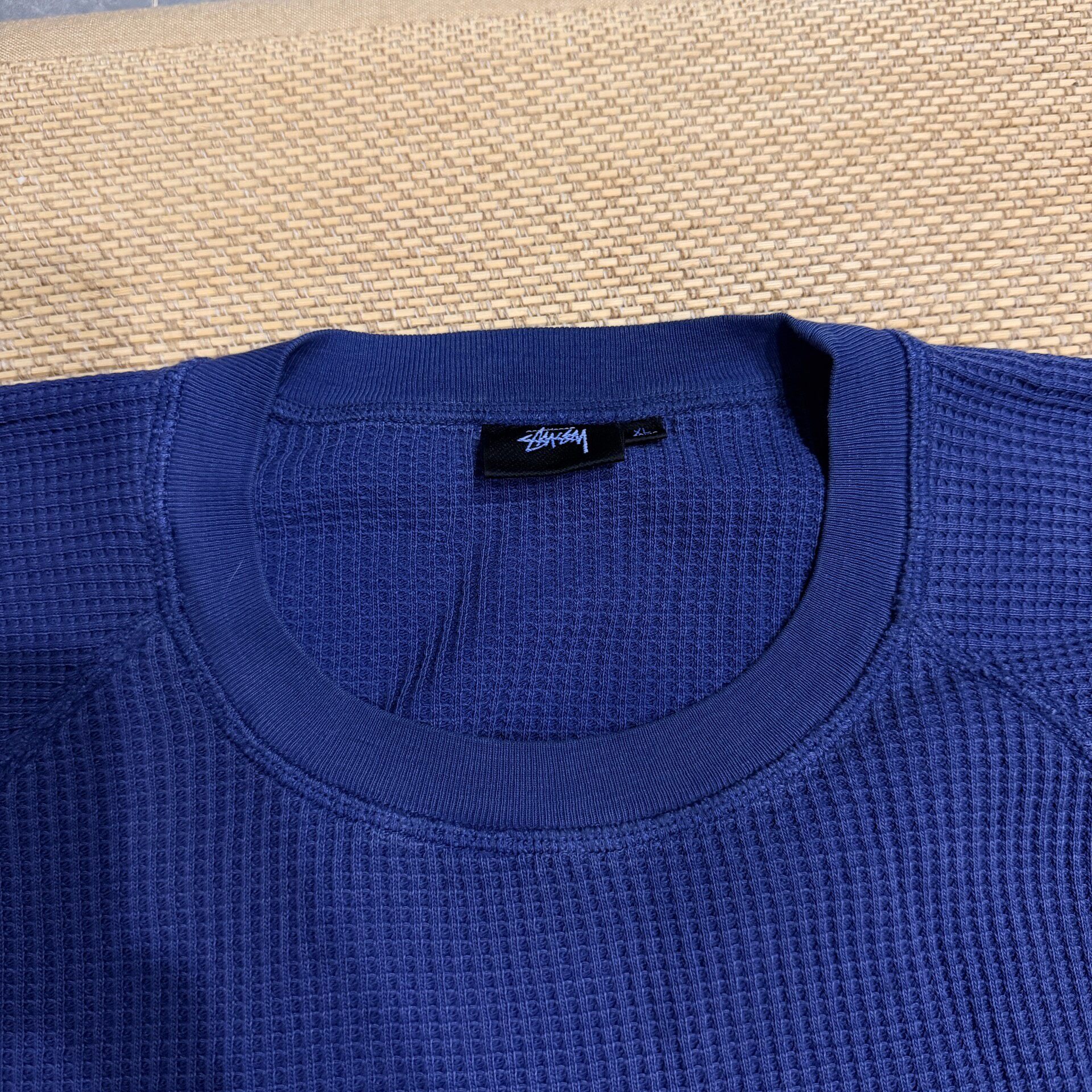 Stussy Dark Blue Waffle-Knit Long Sleeve Shirt — label