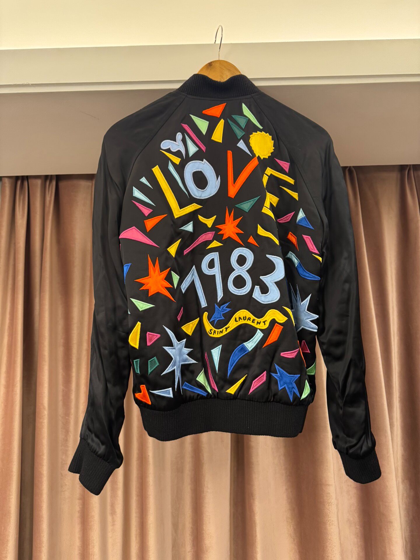 Saint Laurent Black Silk Embroidered Bomber Jacket — front