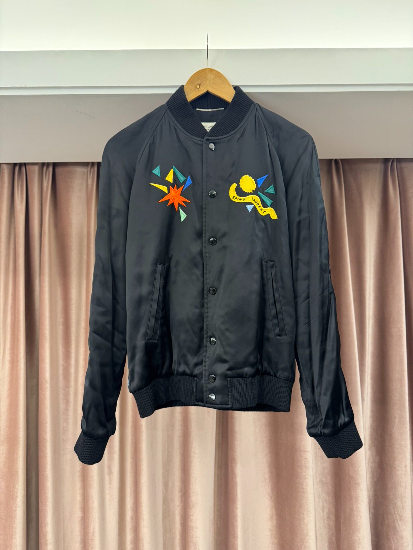 Saint Laurent Black Silk Embroidered Bomber Jacket