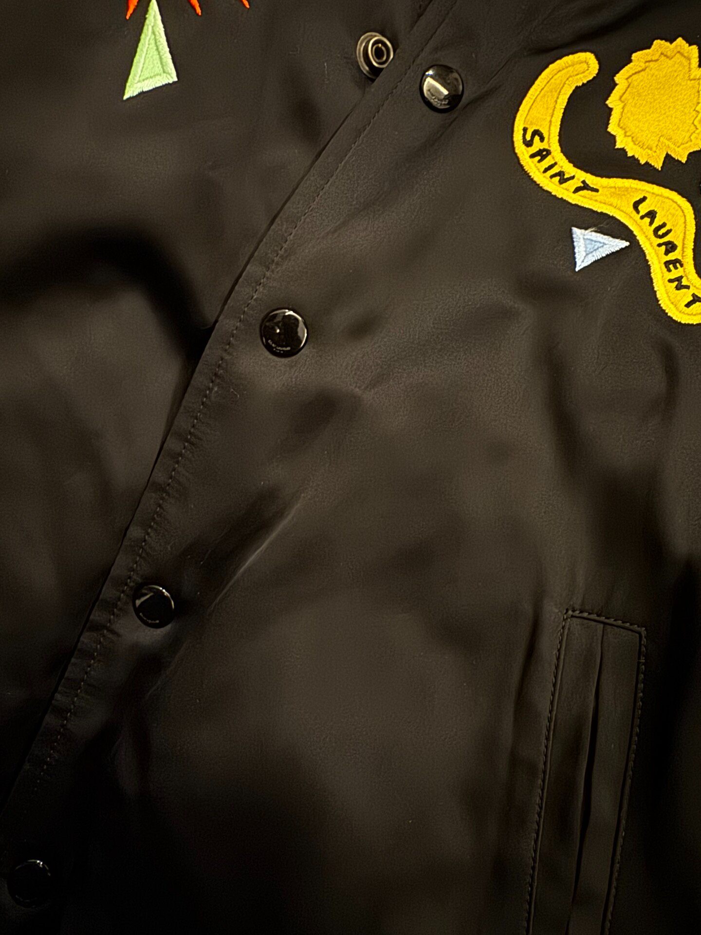 Saint Laurent Black Silk Embroidered Bomber Jacket — label