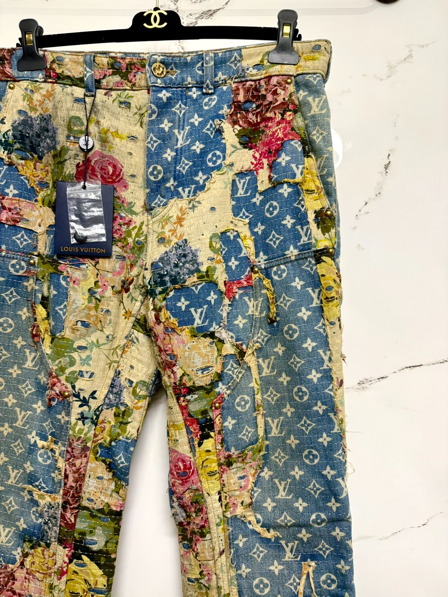 LV 22FW Floral Distressed Flared Jeans — front