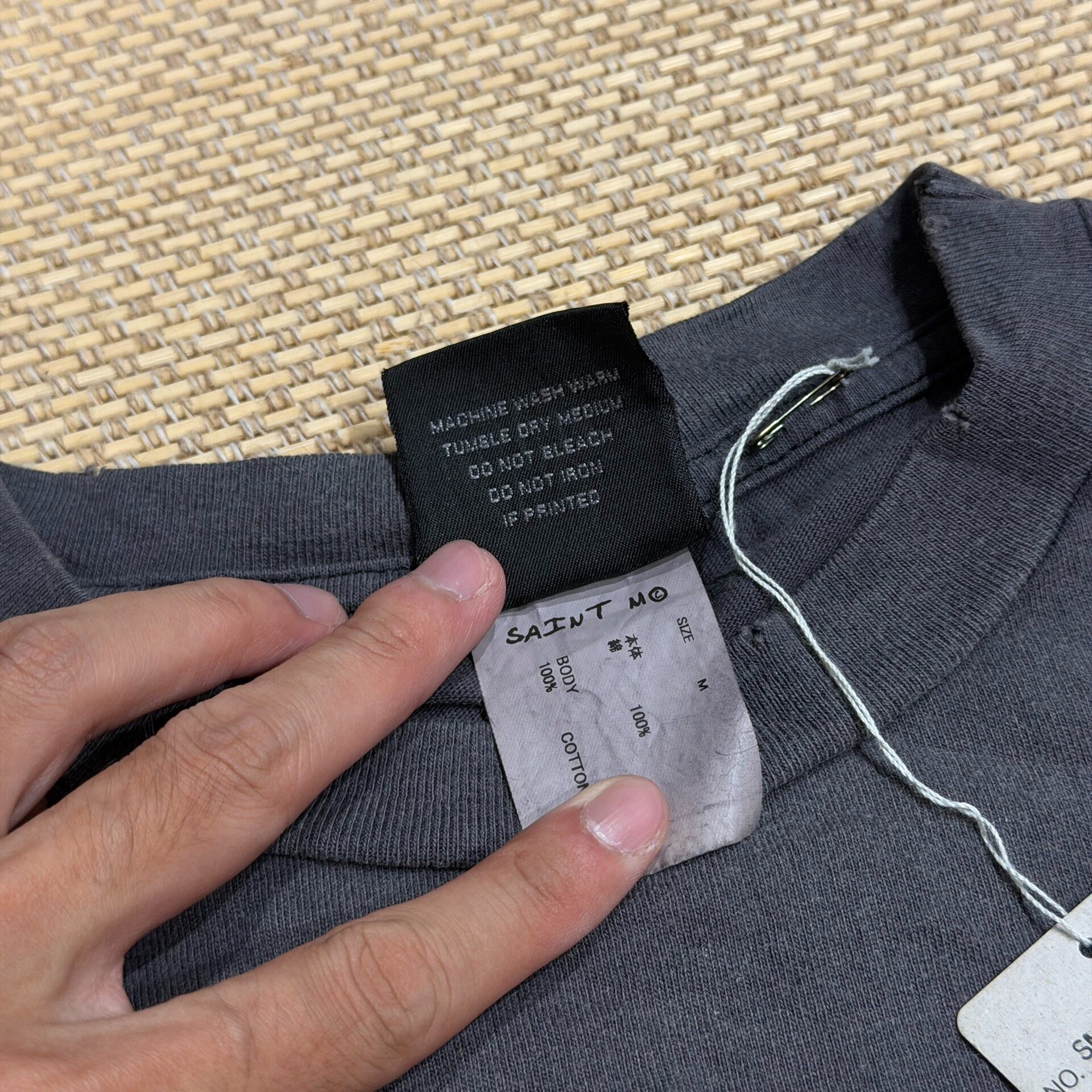 Saint Michael PS5 Dark Washed Gray Tee — label