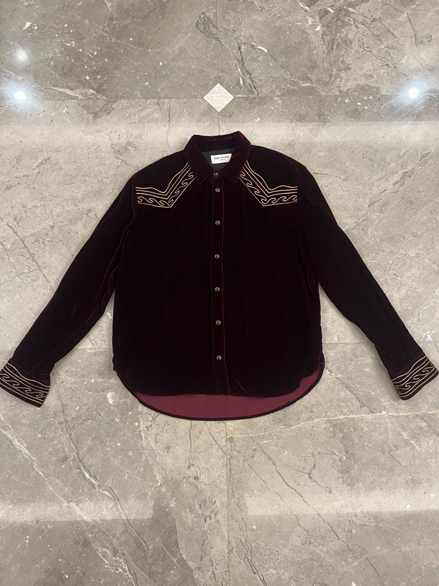 Saint Laurent Red Velvet Gold Embroidery Shirt